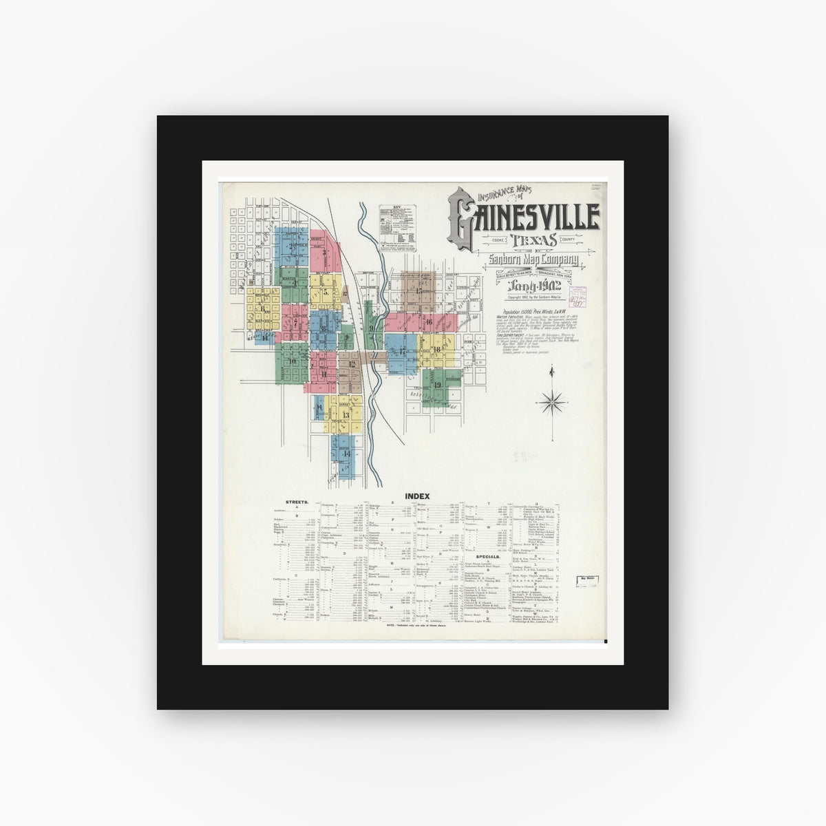 Old map wall art mockup — black gallery frame with white mat — Sanborn Fire Insurance Map from Gainesville, Cooke County, Texas (1902) - Complete Map Set