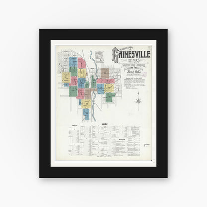 Old map wall art mockup — black gallery frame with white mat — Sanborn Fire Insurance Map from Gainesville, Cooke County, Texas (1902) - Complete Map Set