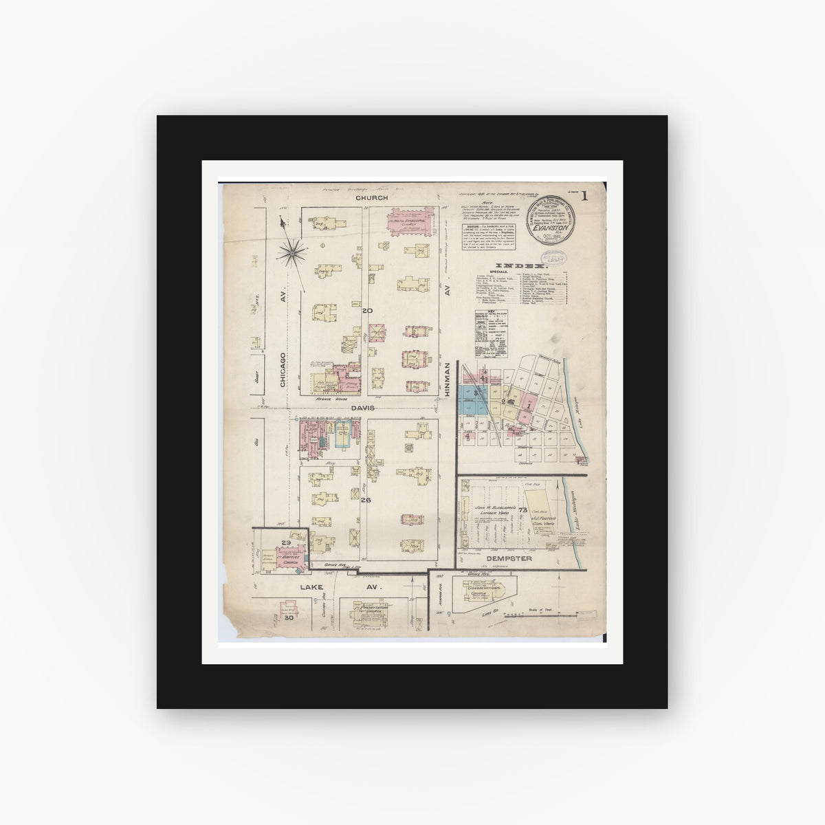 Old map wall art mockup — black gallery frame with white mat — Sanborn Fire Insurance Map from Evanston, Cook County, Illinois (1883), Sheet #0001