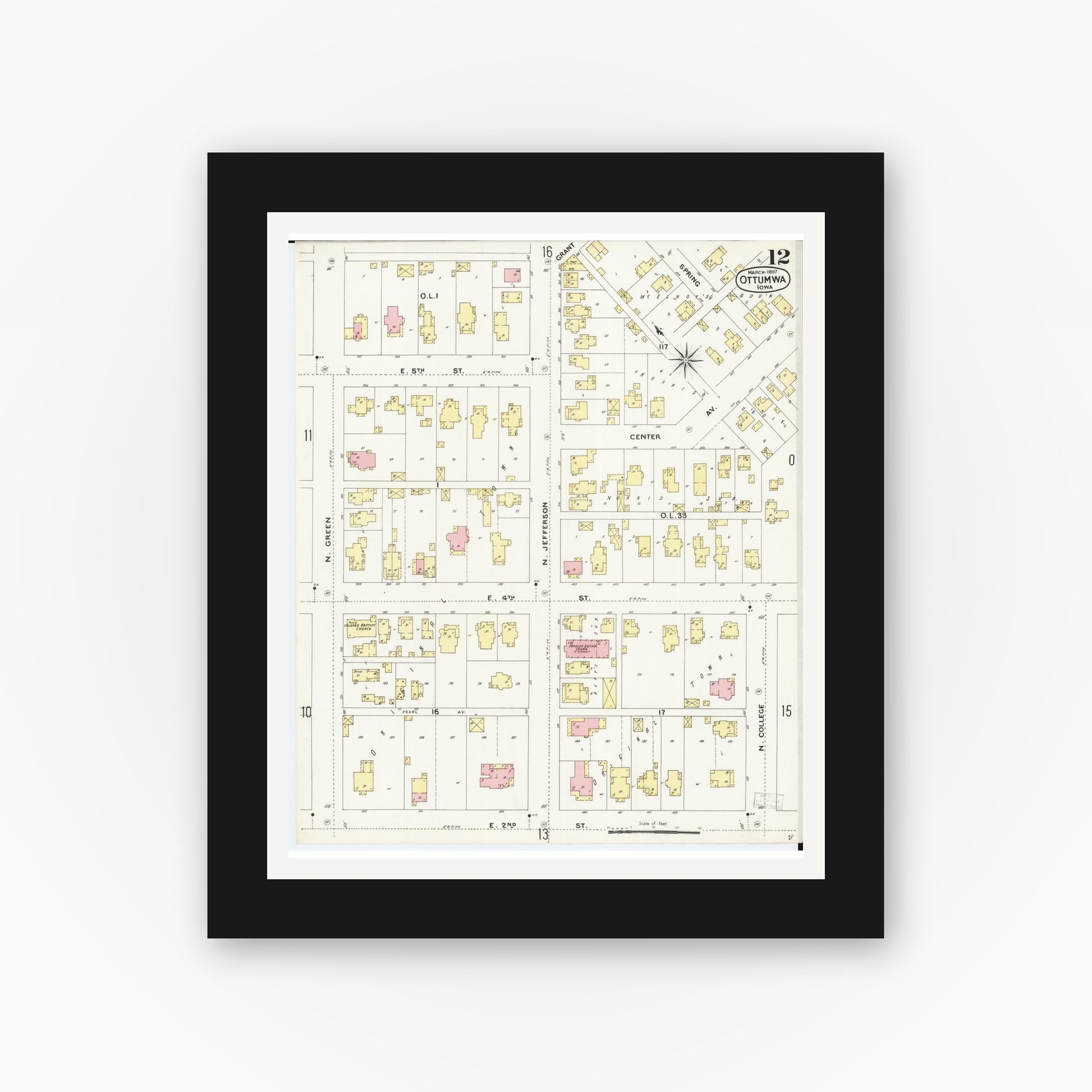 Old map wall art mockup — black gallery frame with white mat — Sanborn Fire Insurance Map from Ottumwa, Wapello County, Iowa (1897), Sheet #0012