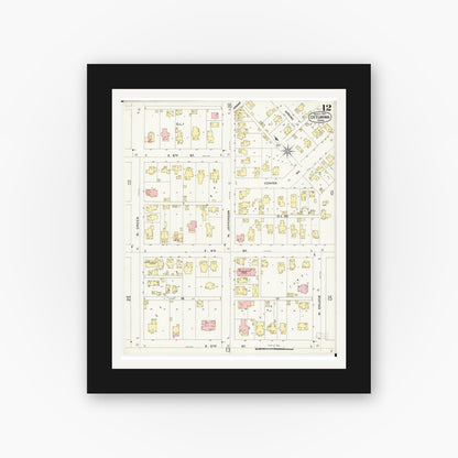 Old map wall art mockup — black gallery frame with white mat — Sanborn Fire Insurance Map from Ottumwa, Wapello County, Iowa (1897), Sheet #0012