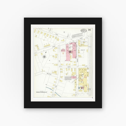 Old map wall art mockup — black gallery frame with white mat — Sanborn Fire Insurance Map from Wakefield, Middlesex County, Massachusetts (1909), Sheet #0014