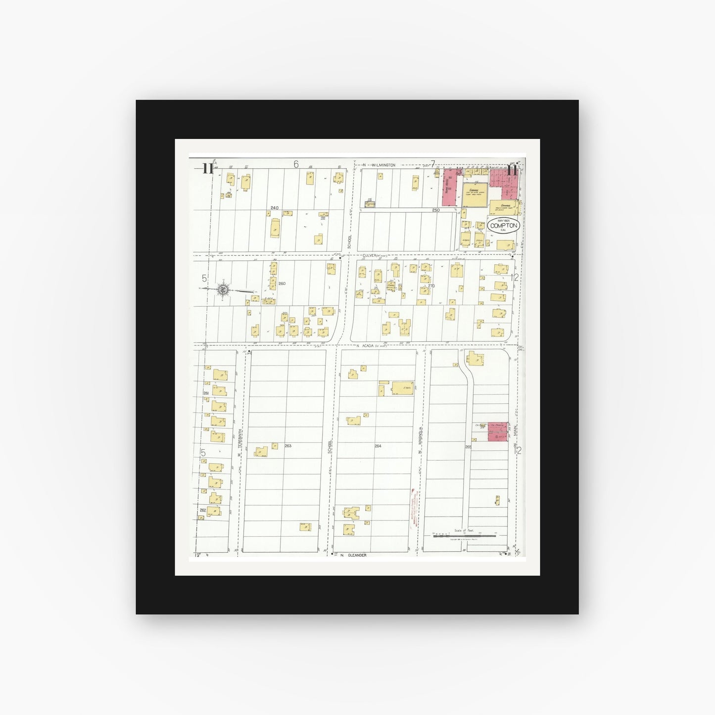 Old map wall art mockup — black gallery frame with white mat — Sanborn Fire Insurance Map from Compton, Los Angeles County, California (1925), Sheet #0011
