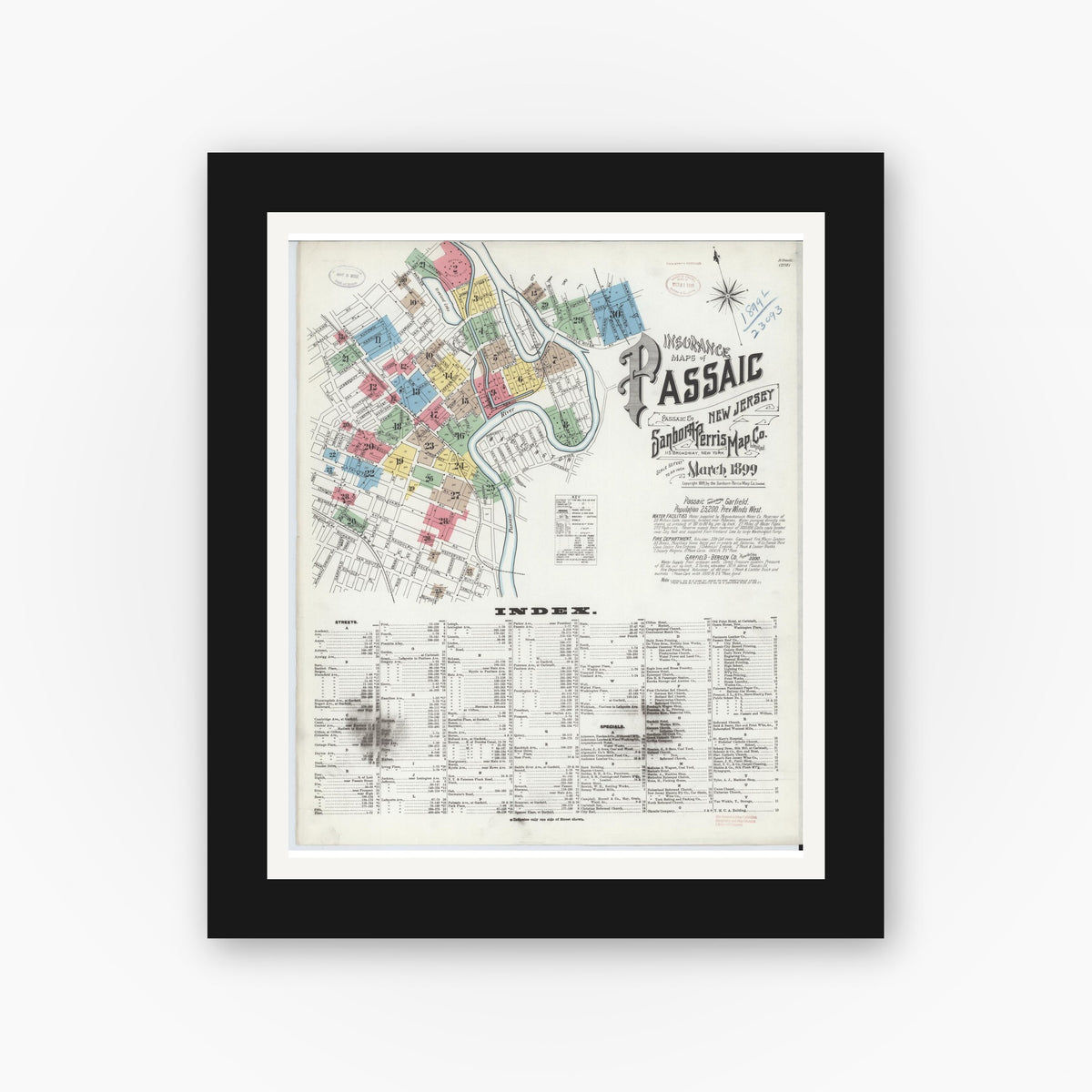 Old map wall art mockup — black gallery frame with white mat — Sanborn Fire Insurance Map from Passaic, Passaic County, New Jersey (1899) - Complete Map Set