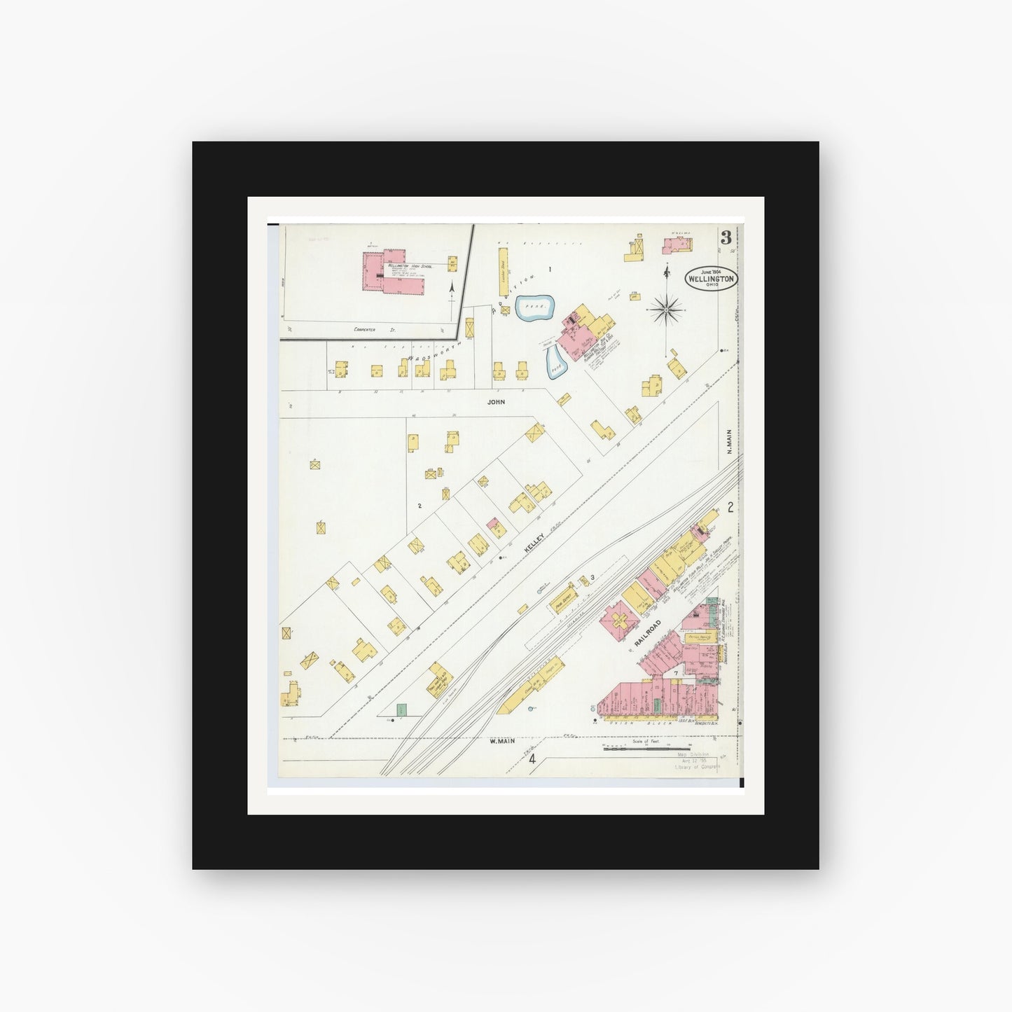 Old map wall art mockup — black gallery frame with white mat — Sanborn Fire Insurance Map from Wellington, Lorain County, Ohio (1904), Sheet #0003