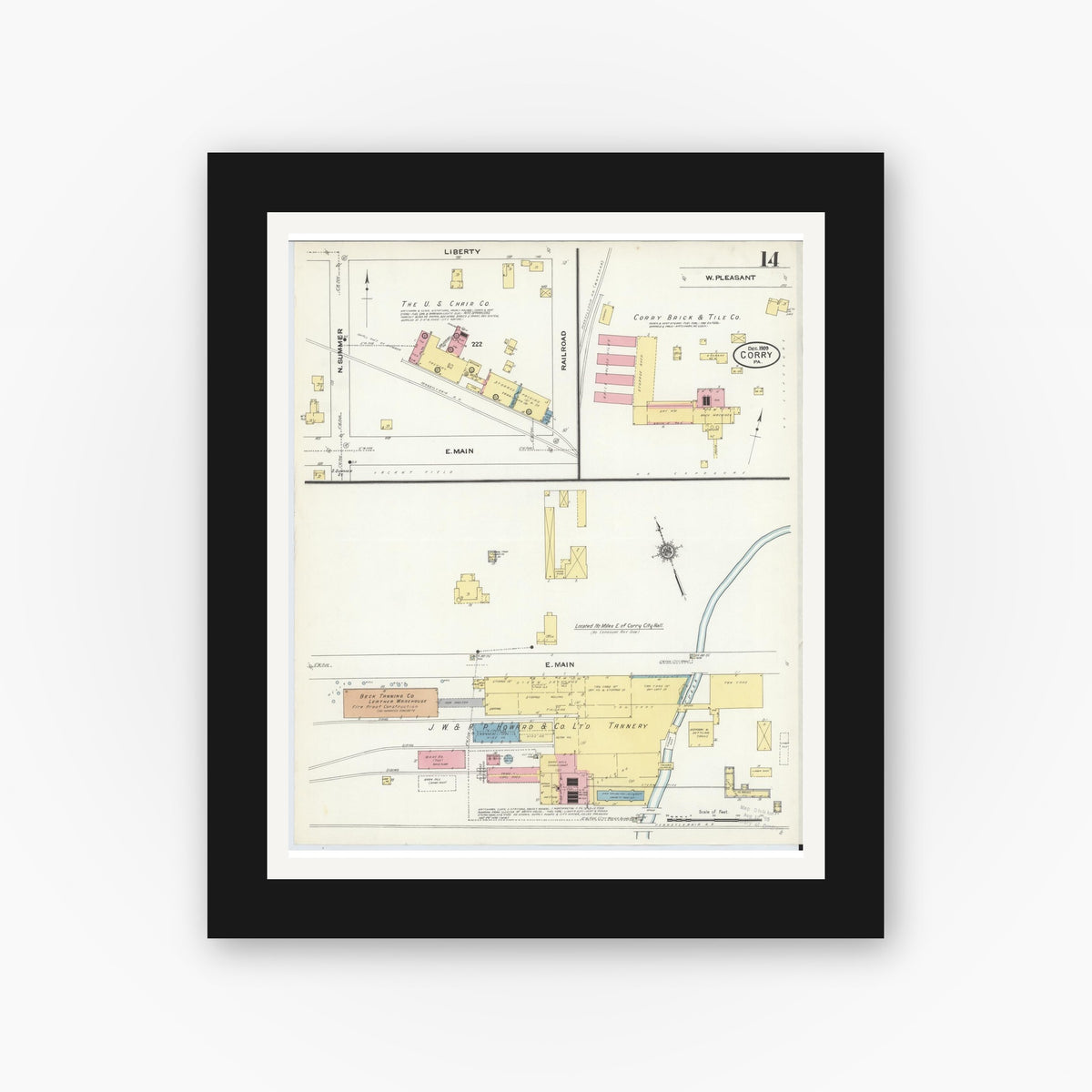 Old map wall art mockup — black gallery frame with white mat — Sanborn Fire Insurance Map from Corry, Erie County, Pennsylvania (1909), Sheet #0014