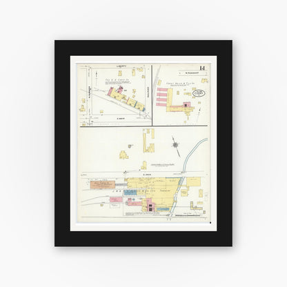 Old map wall art mockup — black gallery frame with white mat — Sanborn Fire Insurance Map from Corry, Erie County, Pennsylvania (1909), Sheet #0014