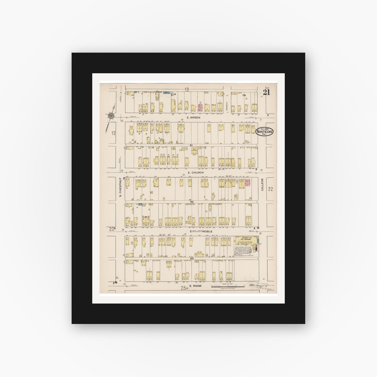 Old map wall art mockup — black gallery frame with white mat — Sanborn Fire Insurance Map from Nanticoke, Luzerne County, Pennsylvania (1920), Sheet #0021