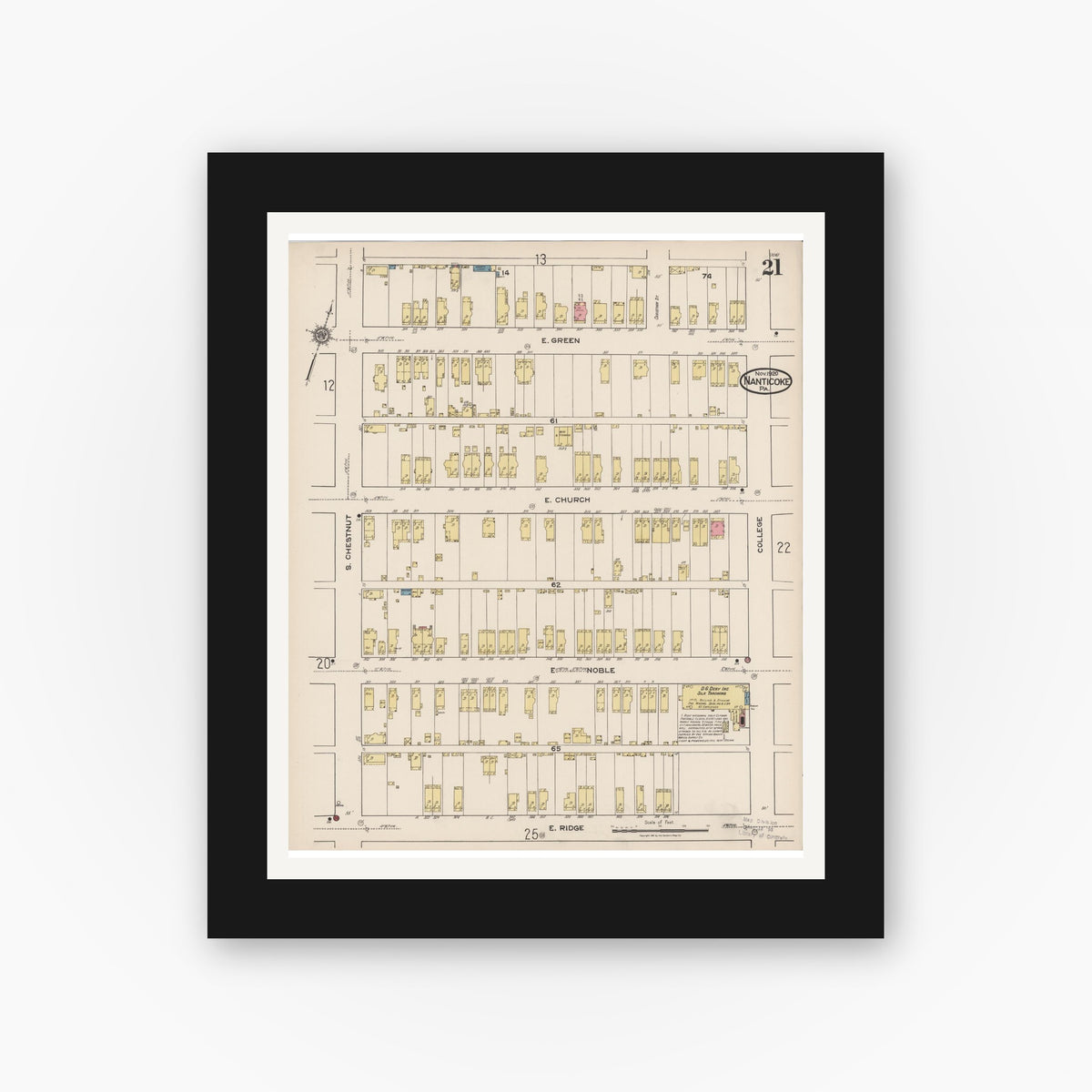 Old map wall art mockup — black gallery frame with white mat — Sanborn Fire Insurance Map from Nanticoke, Luzerne County, Pennsylvania (1920), Sheet #0021