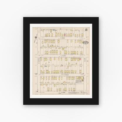 Old map wall art mockup — black gallery frame with white mat — Sanborn Fire Insurance Map from Nanticoke, Luzerne County, Pennsylvania (1920), Sheet #0021