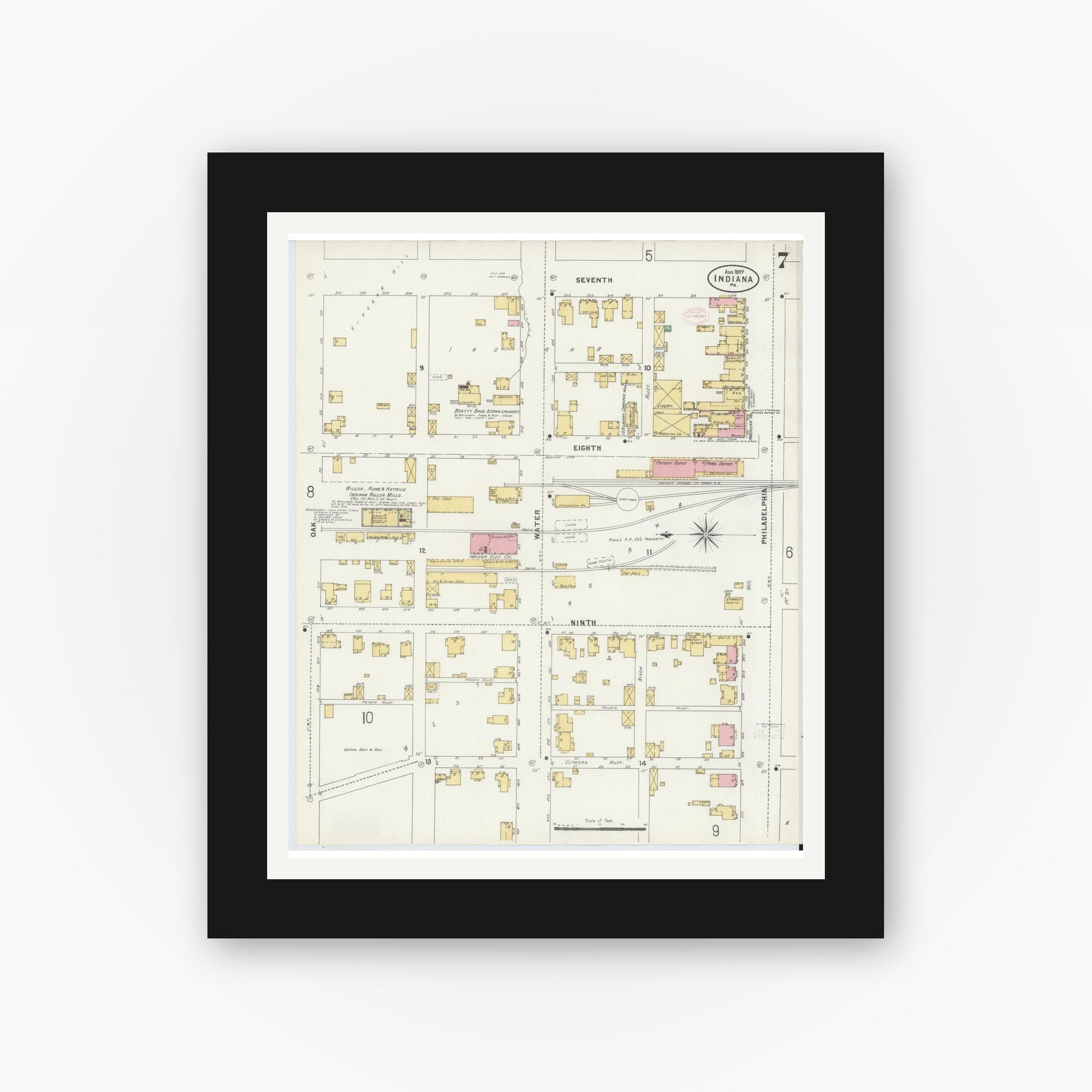 Old map wall art mockup — black gallery frame with white mat — Sanborn Fire Insurance Map from Indiana, Indiana County, Pennsylvania (1888), Sheet #0007