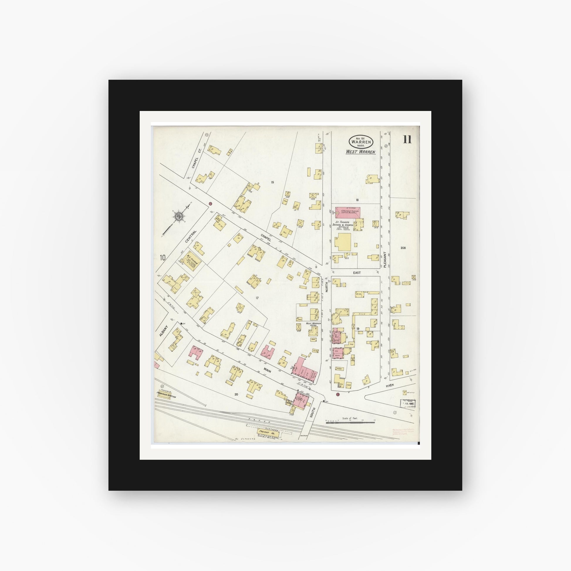 Old map wall art mockup — black gallery frame with white mat — Sanborn Fire Insurance Map from Warren, Worcester County, Massachusetts (1911), Sheet #0011
