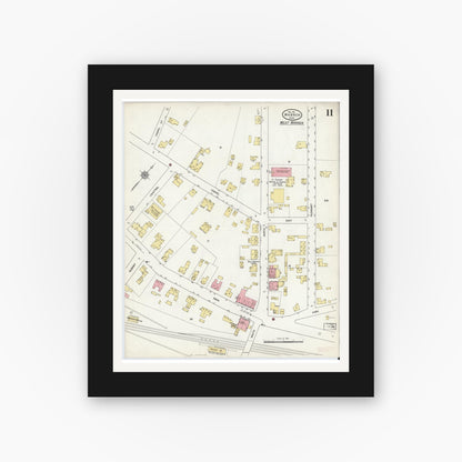 Old map wall art mockup — black gallery frame with white mat — Sanborn Fire Insurance Map from Warren, Worcester County, Massachusetts (1911), Sheet #0011