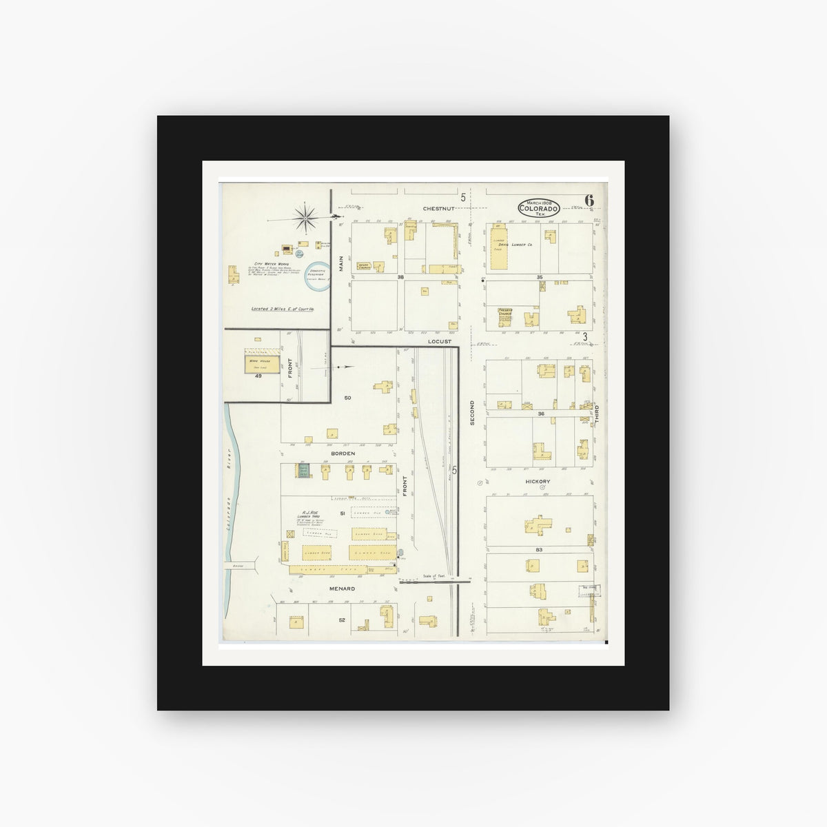 Old map wall art mockup — black gallery frame with white mat — Sanborn Fire Insurance Map from Colorado, Mitchell County, Texas (1908), Sheet #0006