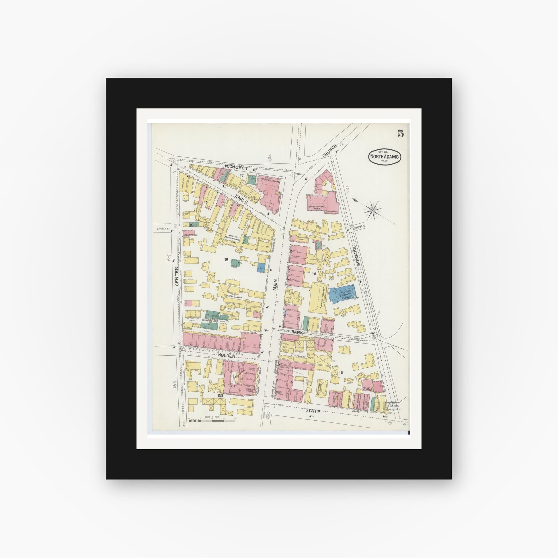 Old map wall art mockup — black gallery frame with white mat — Sanborn Fire Insurance Map from North Adams, Berkshire County, Massachusetts (1892), Sheet #0005