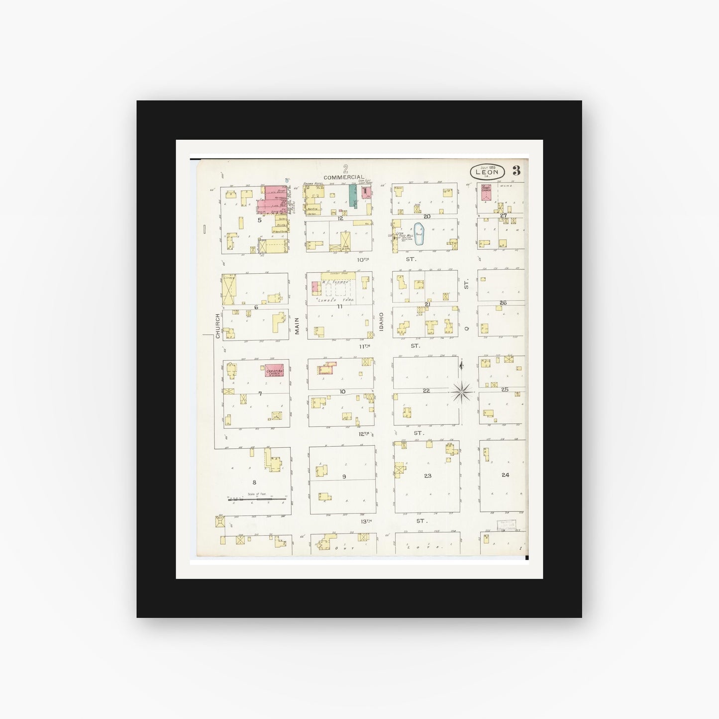 Old map wall art mockup — black gallery frame with white mat — Sanborn Fire Insurance Map from Leon, Decatur County, Iowa (1893), Sheet #0003