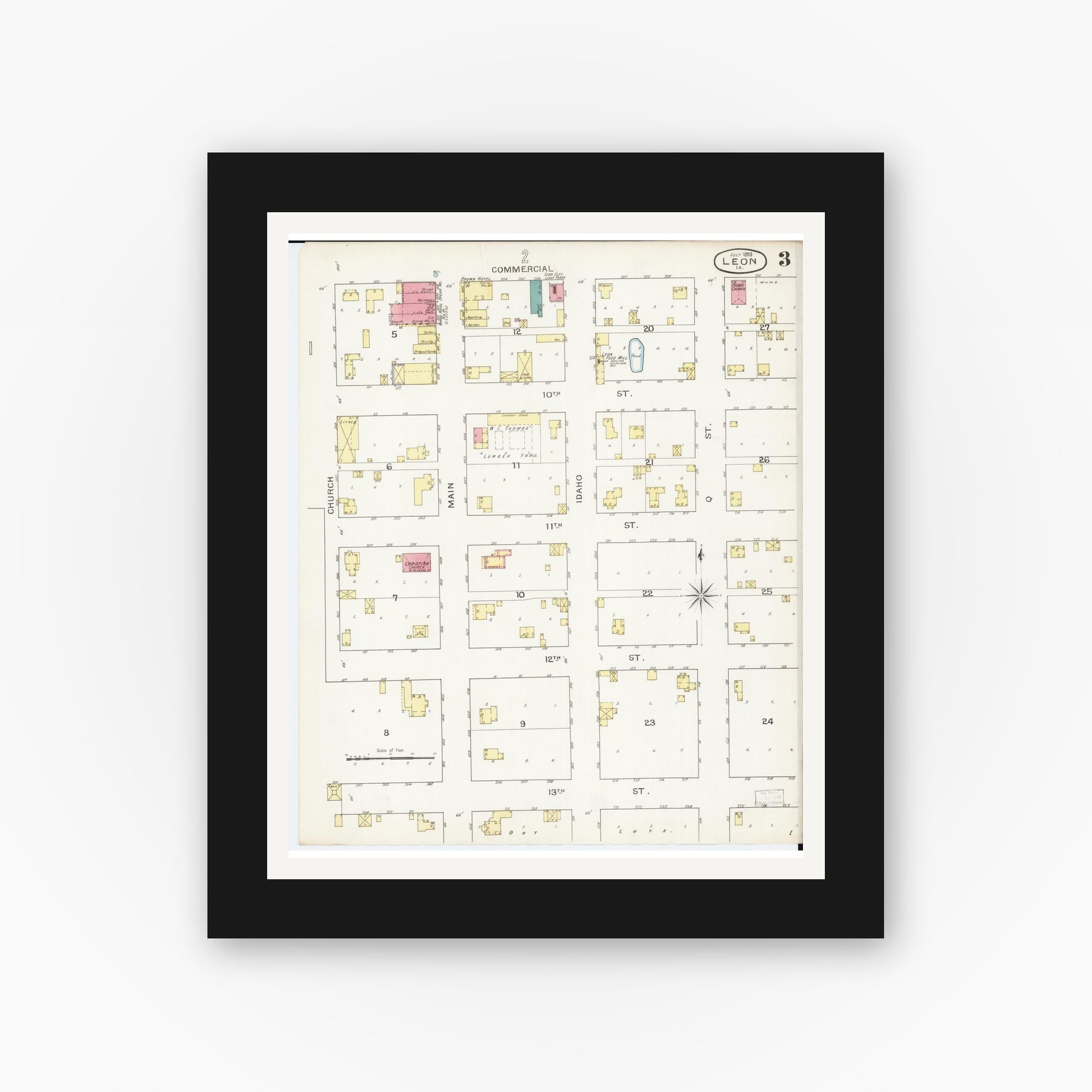 Old map wall art mockup — black gallery frame with white mat — Sanborn Fire Insurance Map from Leon, Decatur County, Iowa (1893), Sheet #0003