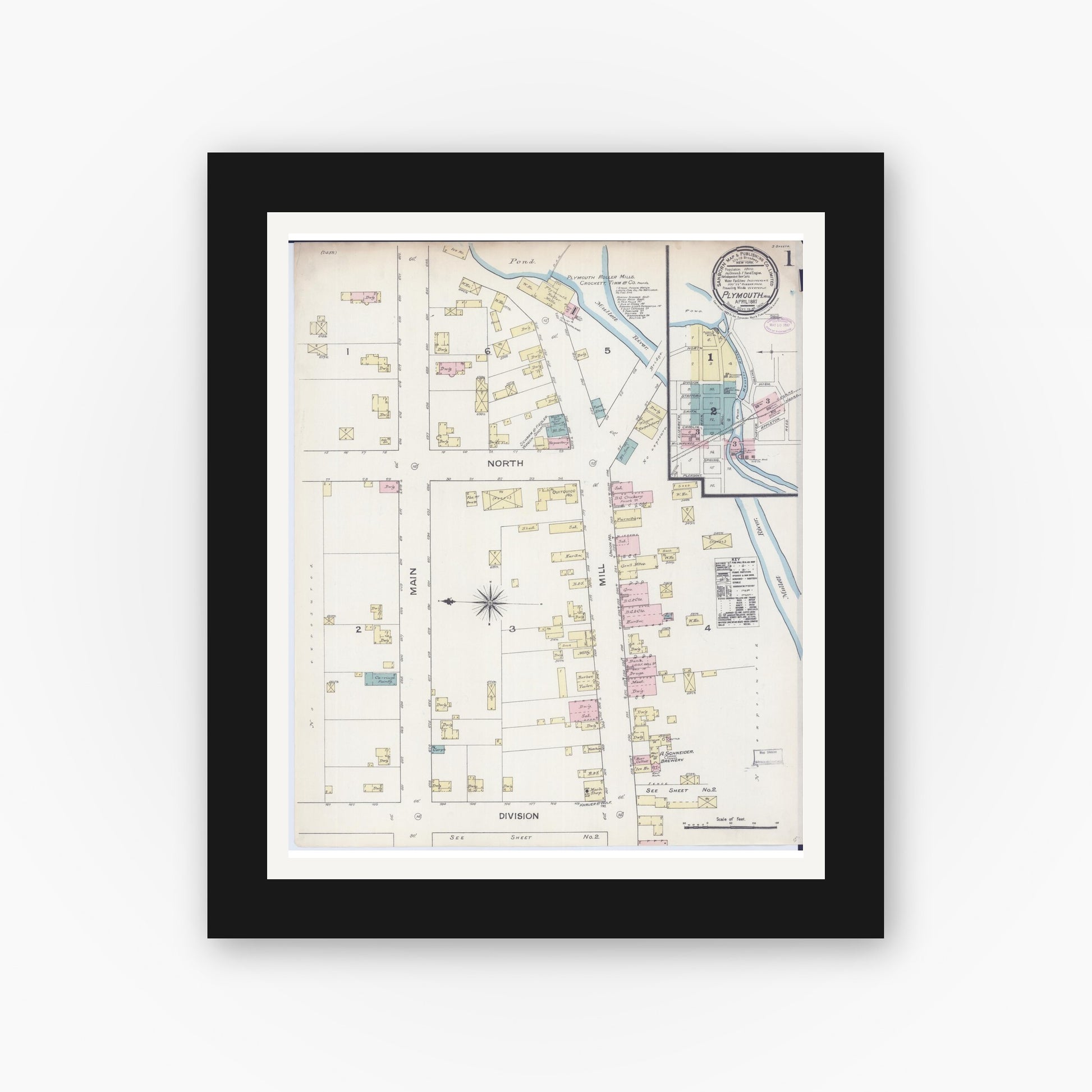 Old map wall art mockup — black gallery frame with white mat — Sanborn Fire Insurance Map from Plymouth, Sheboygan County, Wisconsin (1887) - Complete Map Set