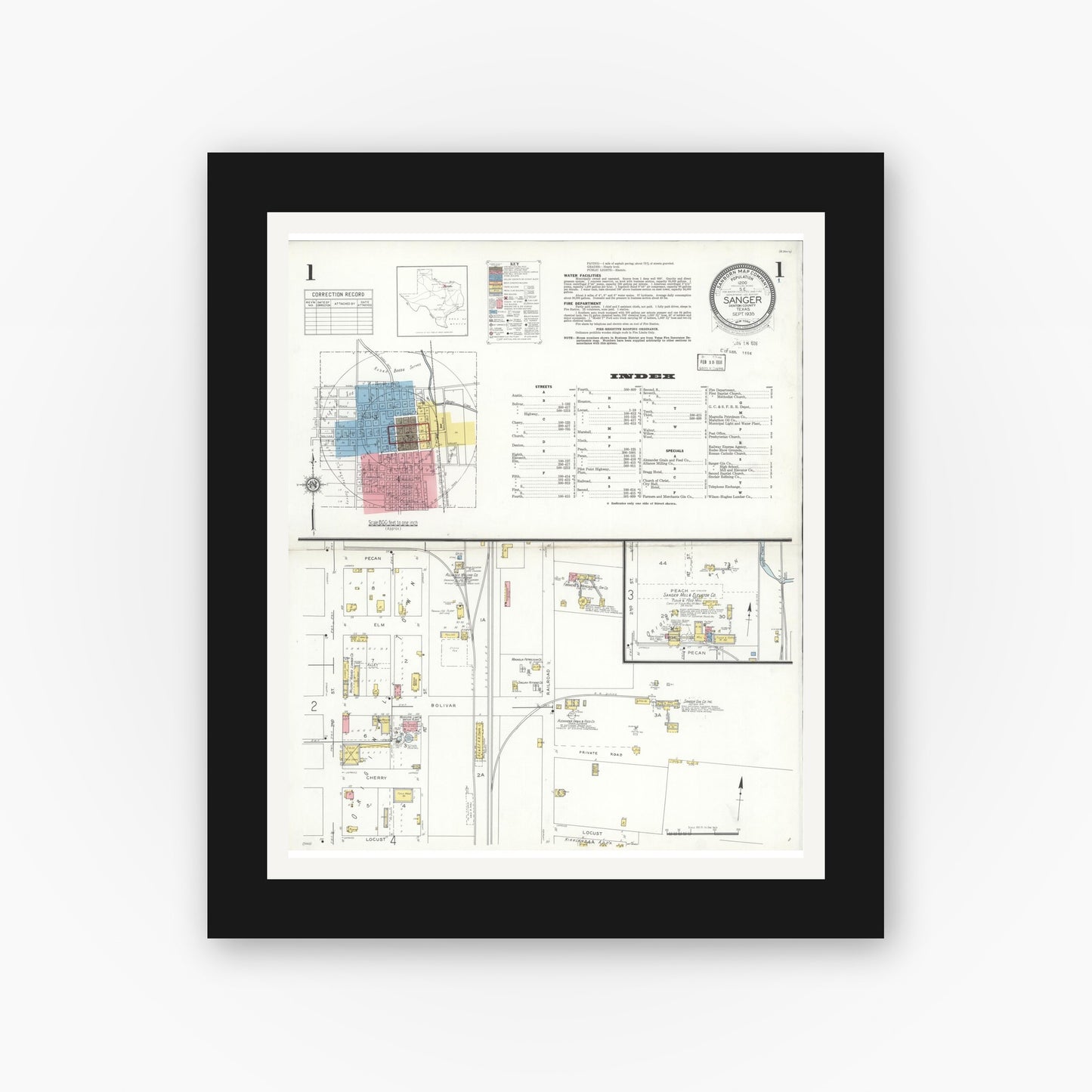 Old map wall art mockup — black gallery frame with white mat — Sanborn Fire Insurance Map from Sanger, Denton County, Texas (1935) - Complete Map Set