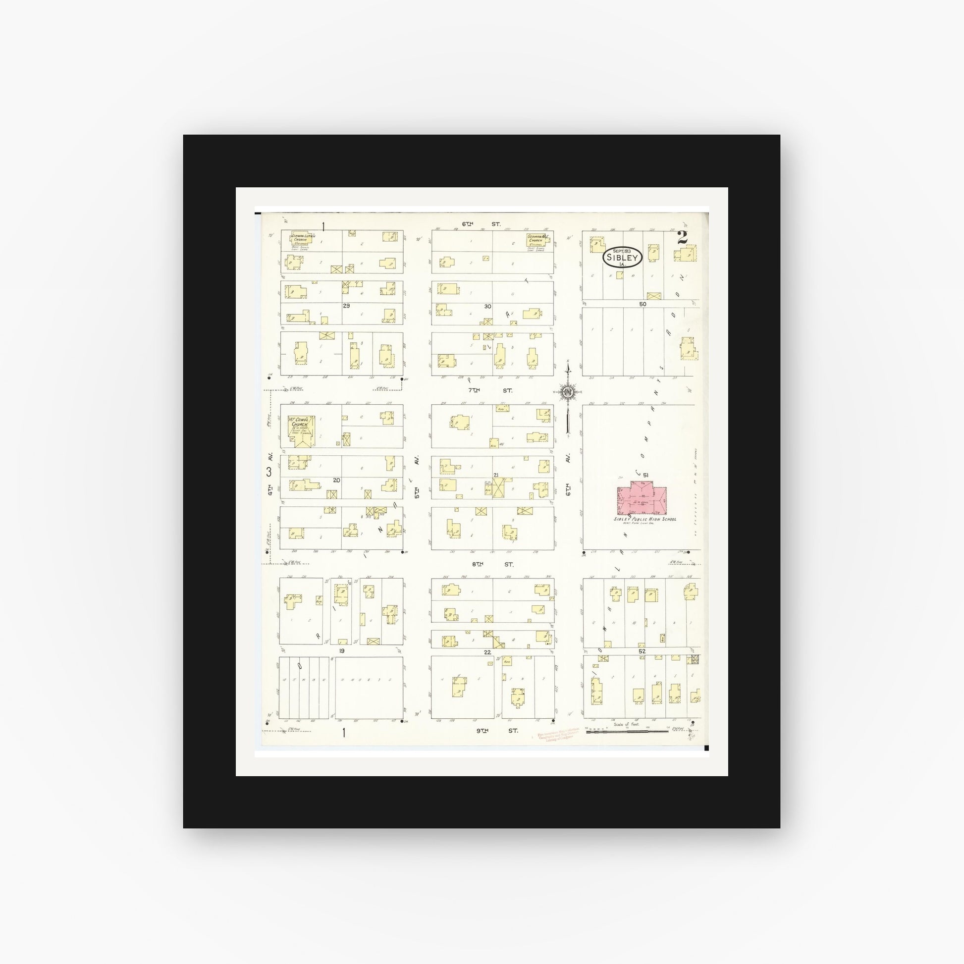Old map wall art mockup — black gallery frame with white mat — Sanborn Fire Insurance Map from Sibley, Osceola County, Iowa (1913), Sheet #0002