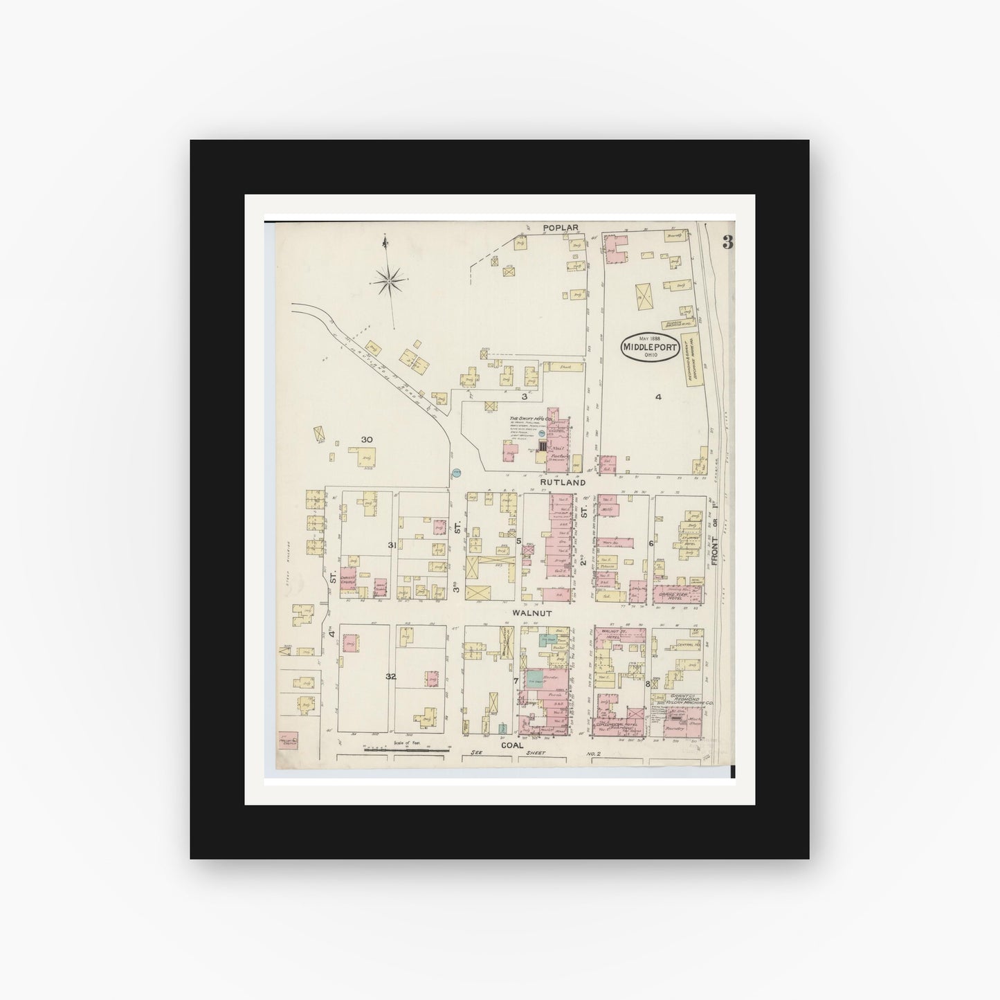 Old map wall art mockup — black gallery frame with white mat — Sanborn Fire Insurance Map from Middleport, Meigs County, Ohio (1888), Sheet #0003