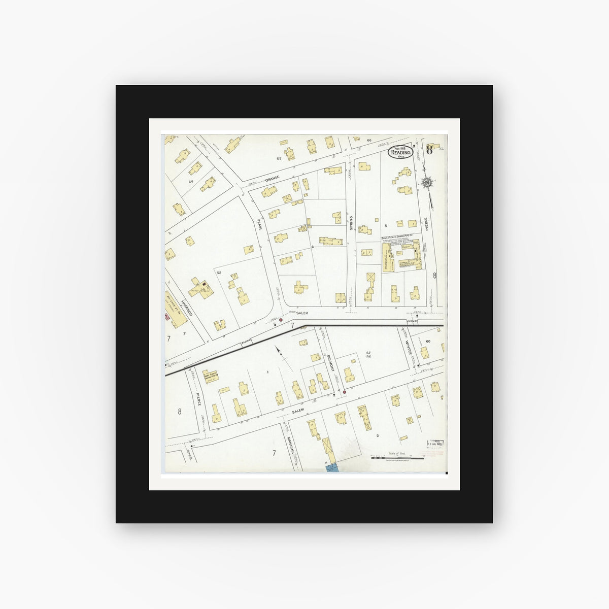 Old map wall art mockup — black gallery frame with white mat — Sanborn Fire Insurance Map from Reading, Middlesex County, Massachusetts (1918), Sheet #0008