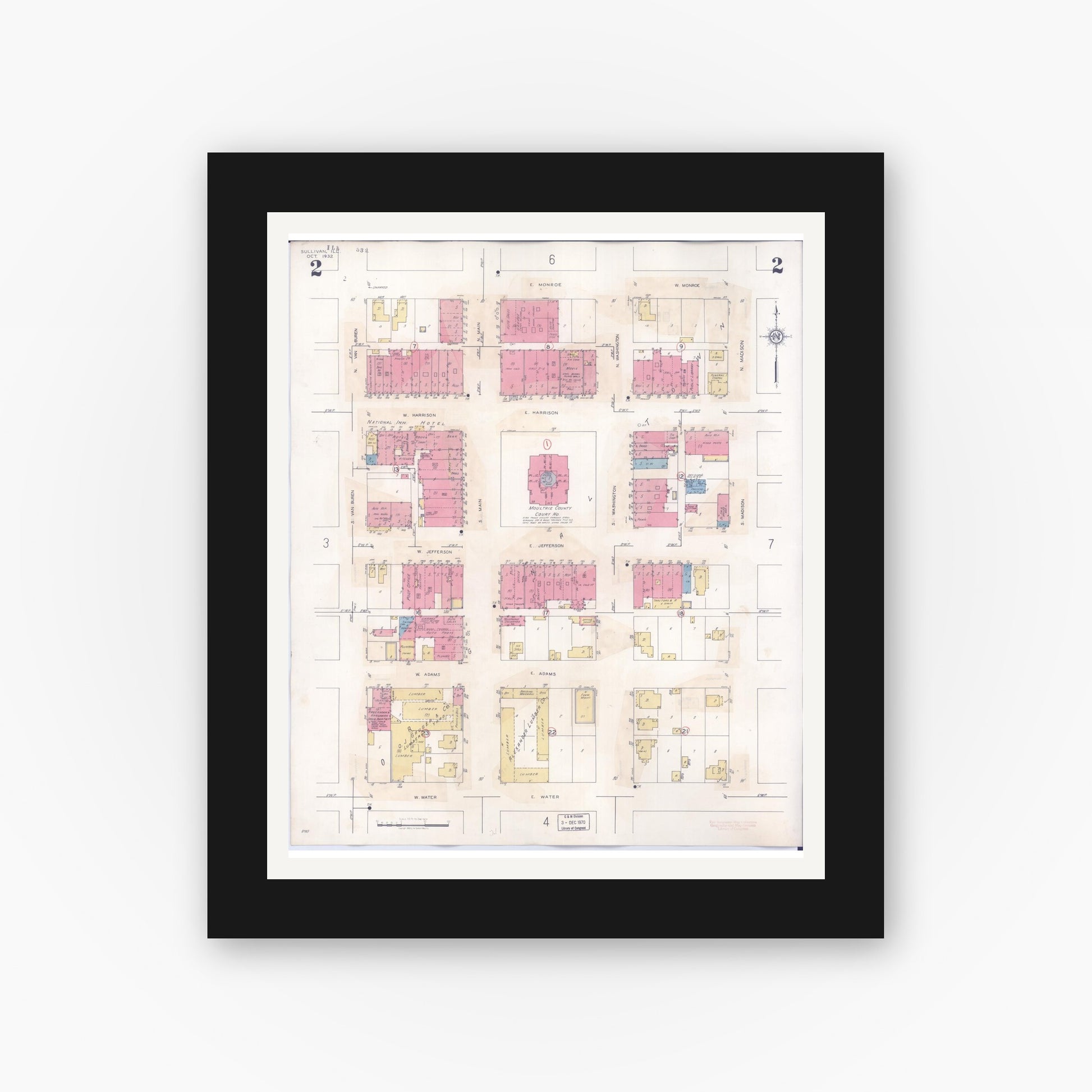 Old map wall art mockup — black gallery frame with white mat — Sanborn Fire Insurance Map from Sullivan, Moultrie County, Illinois (1940), Sheet #0002