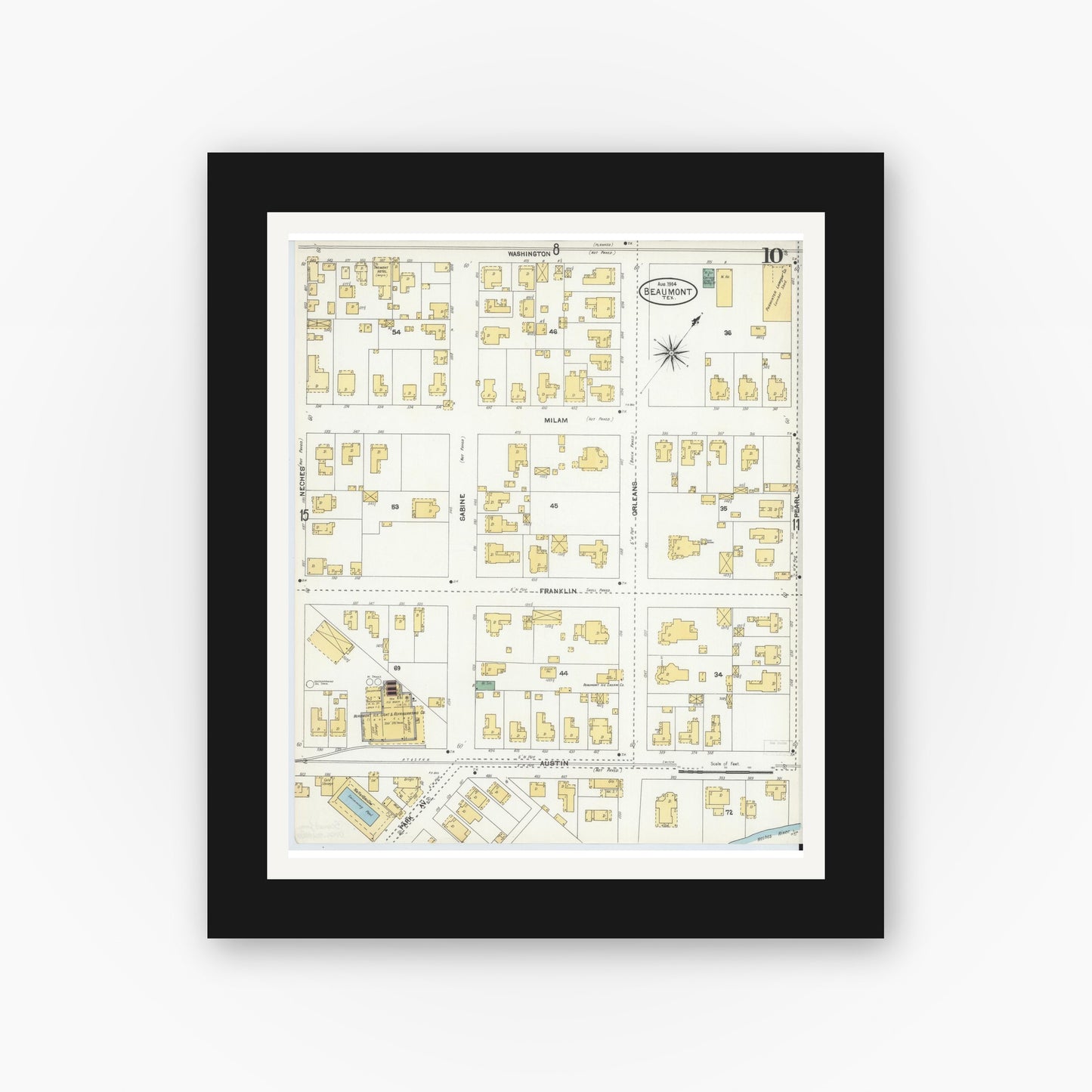 Old map wall art mockup — black gallery frame with white mat — Sanborn Fire Insurance Map from Beaumont, Jefferson County, Texas (1904), Sheet #0010