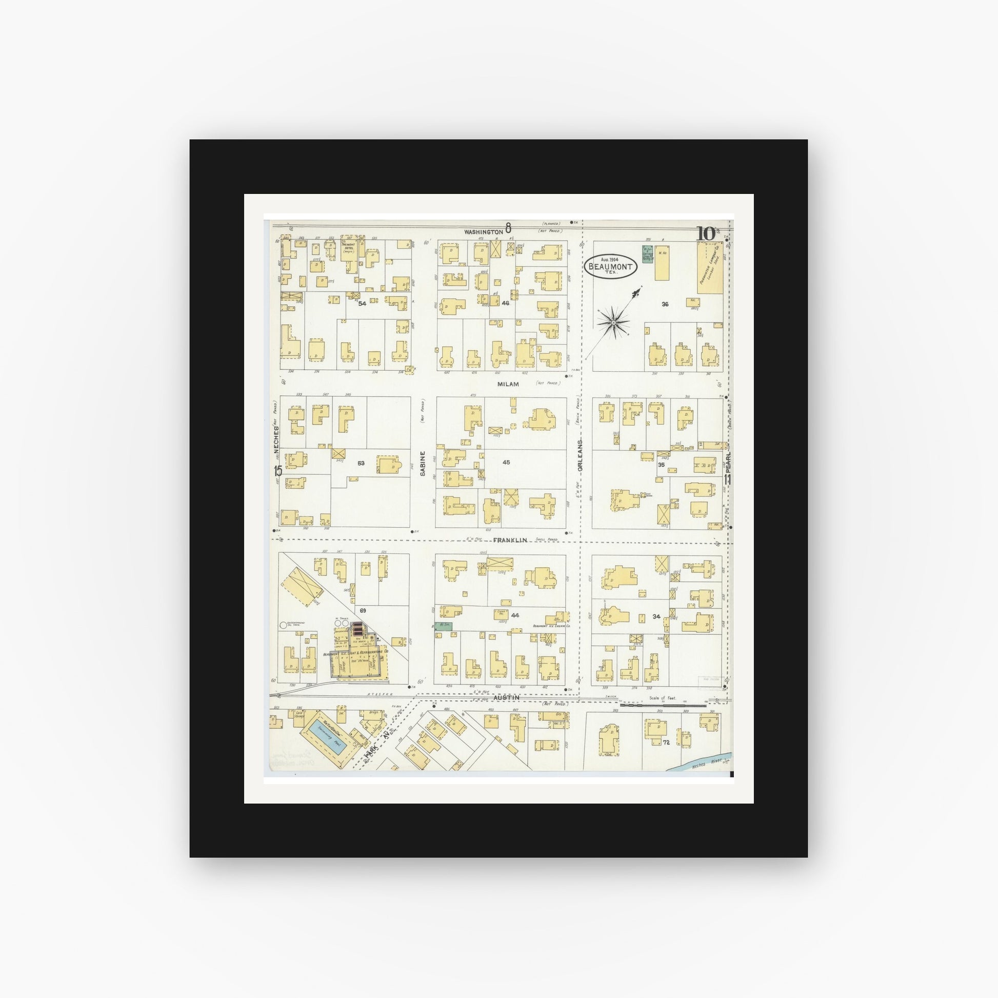Old map wall art mockup — black gallery frame with white mat — Sanborn Fire Insurance Map from Beaumont, Jefferson County, Texas (1904), Sheet #0010
