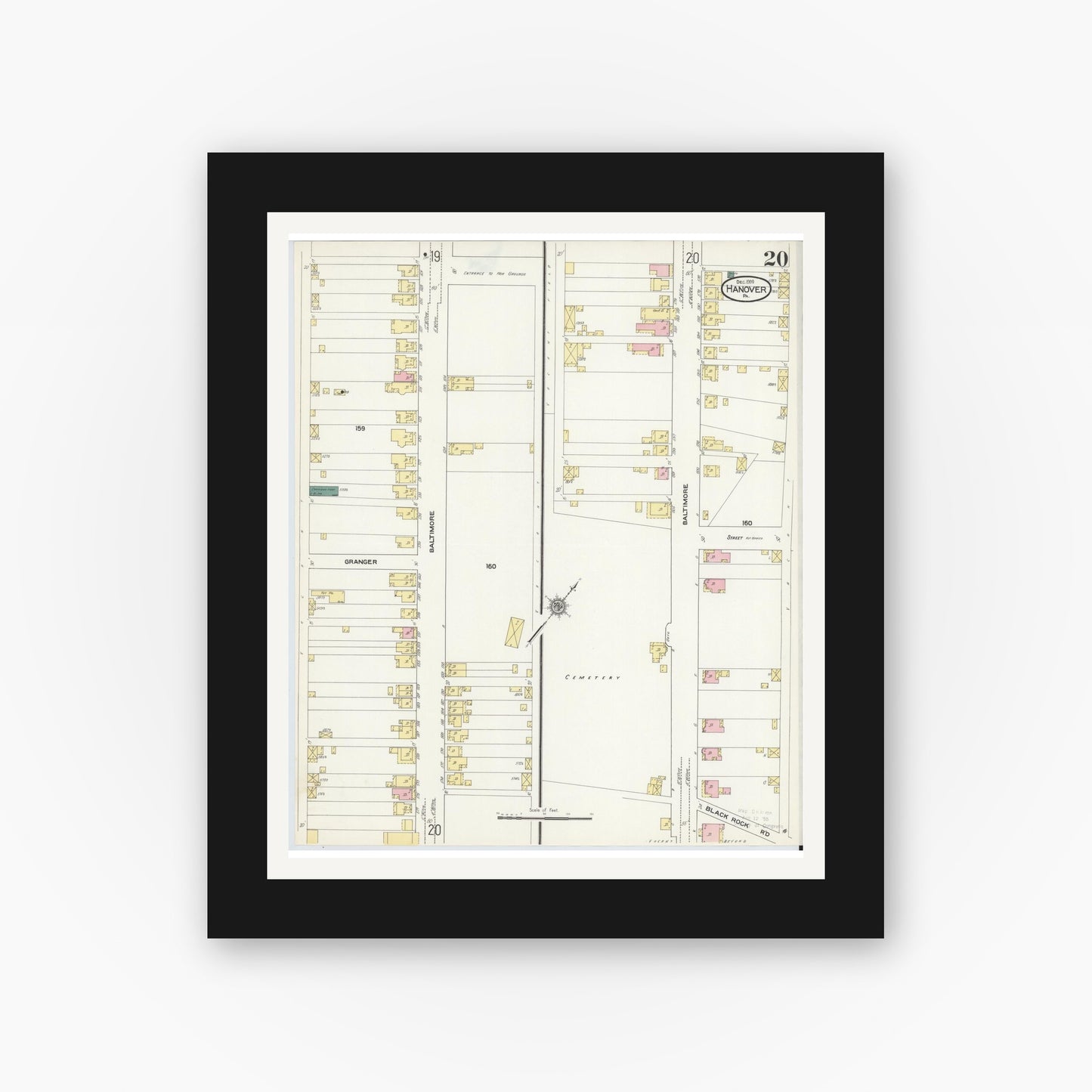 Old map wall art mockup — black gallery frame with white mat — Sanborn Fire Insurance Map from Hanover, York County, Pennsylvania (1909), Sheet #0020