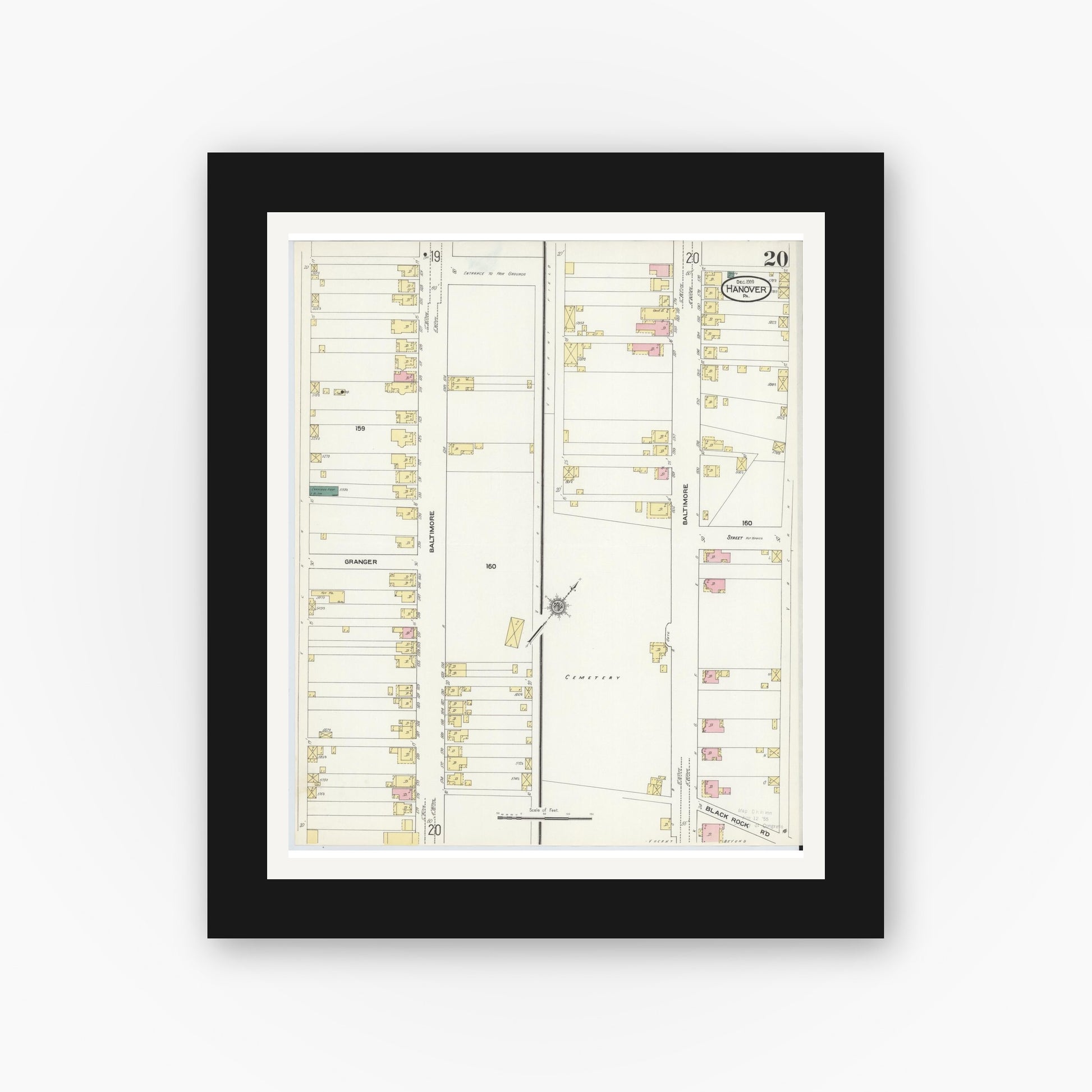 Old map wall art mockup — black gallery frame with white mat — Sanborn Fire Insurance Map from Hanover, York County, Pennsylvania (1909), Sheet #0020