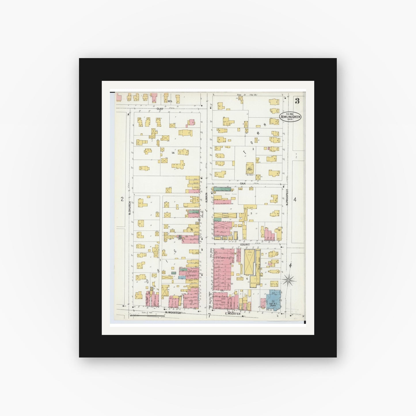Old map wall art mockup — black gallery frame with white mat — Sanborn Fire Insurance Map from Bowling Green, Wood County, Ohio (1900), Sheet #0003