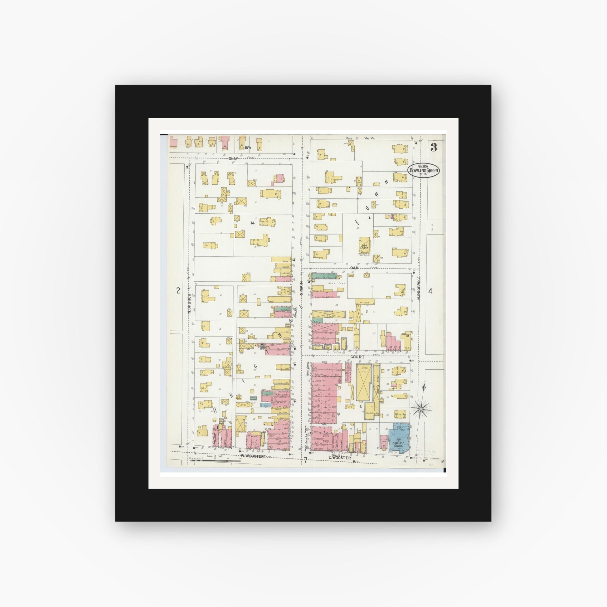 Old map wall art mockup — black gallery frame with white mat — Sanborn Fire Insurance Map from Bowling Green, Wood County, Ohio (1900), Sheet #0003