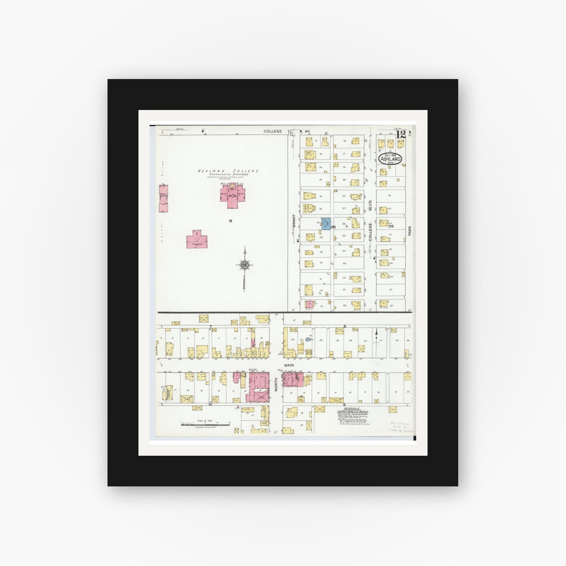 Old map wall art mockup — black gallery frame with white mat — Sanborn Fire Insurance Map from Ashland, Ashland County, Ohio (1919), Sheet #0012