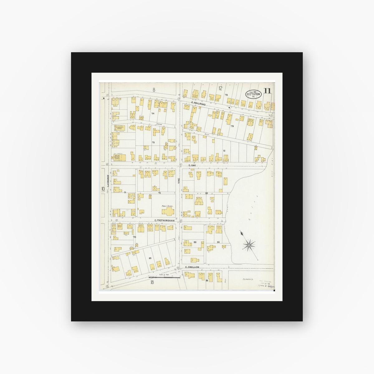 Old map wall art mockup — black gallery frame with white mat — Sanborn Fire Insurance Map from Pittston, Luzerne County, Pennsylvania (1903), Sheet #0011