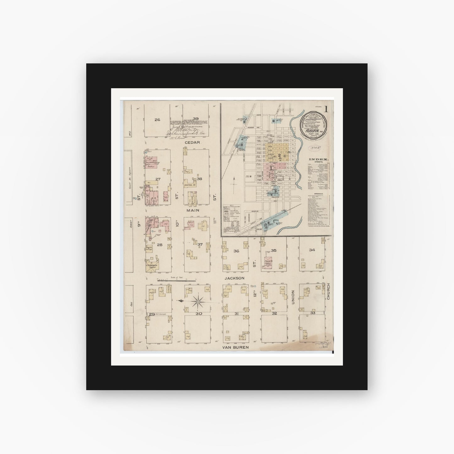 Old map wall art mockup — black gallery frame with white mat — Sanborn Fire Insurance Map from Auburn, De Kalb County, Indiana (1886), Sheet #0001