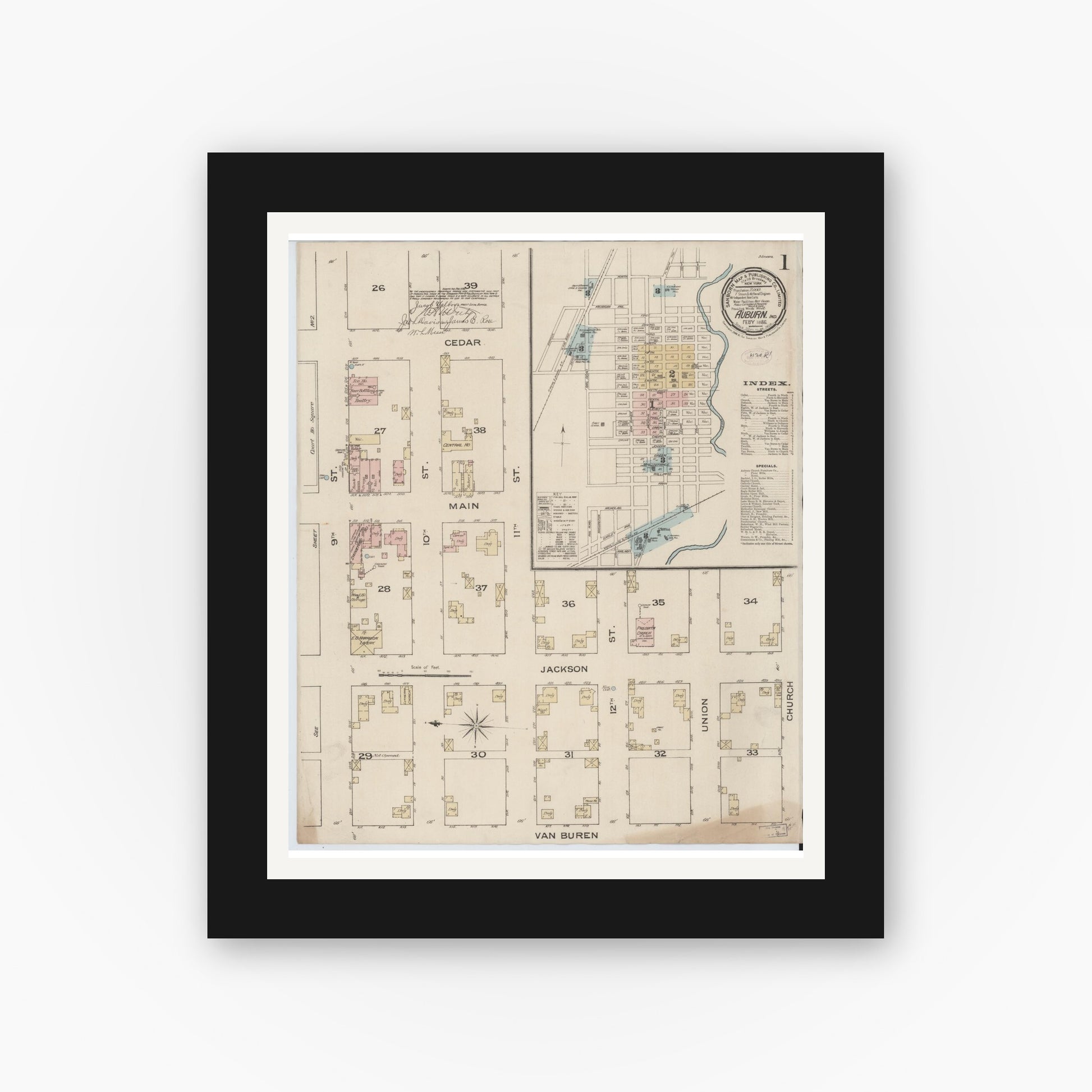 Old map wall art mockup — black gallery frame with white mat — Sanborn Fire Insurance Map from Auburn, De Kalb County, Indiana (1886), Sheet #0001