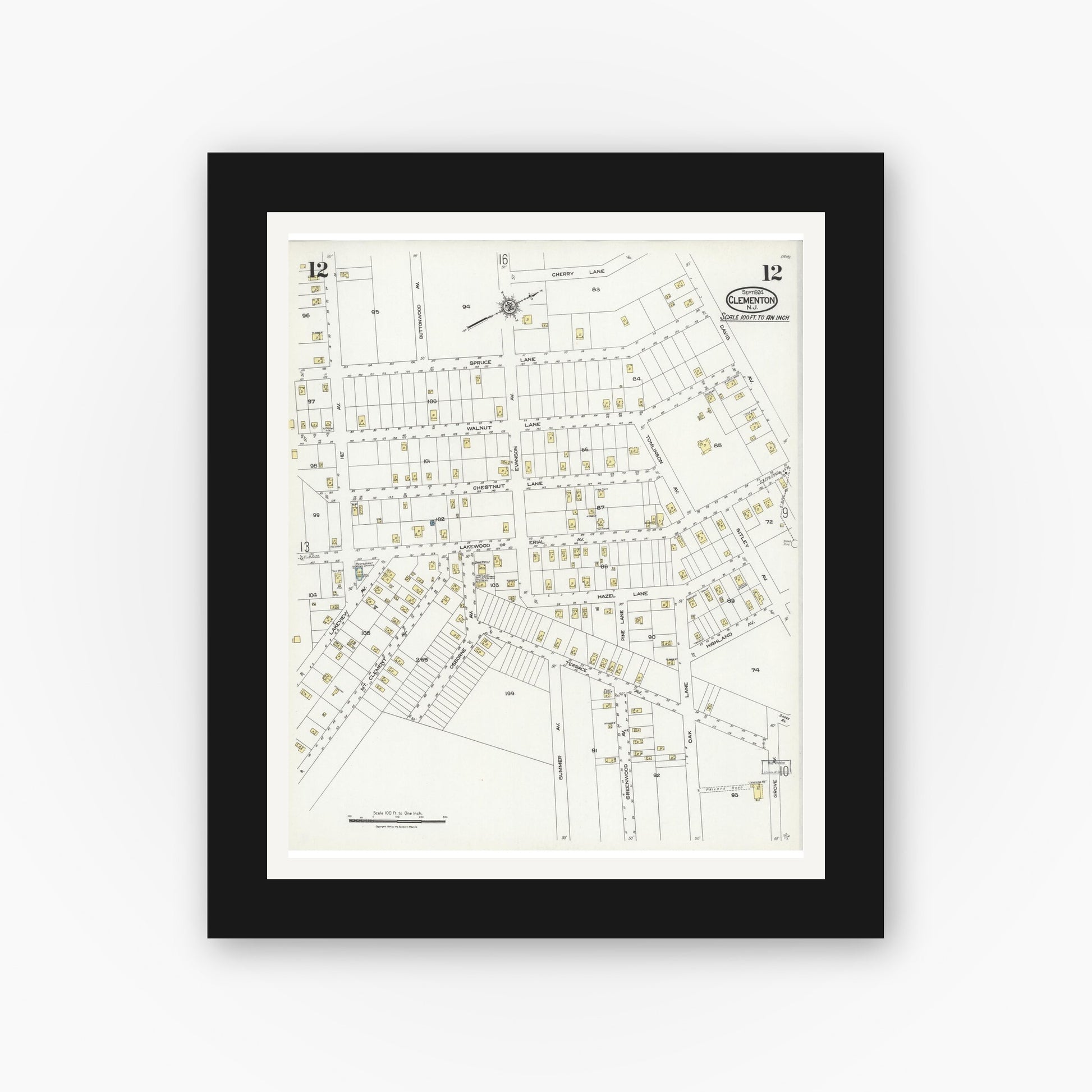 Old map wall art mockup — black gallery frame with white mat — Sanborn Fire Insurance Map from Clementon, Camden County, New Jersey (1924), Sheet #0012