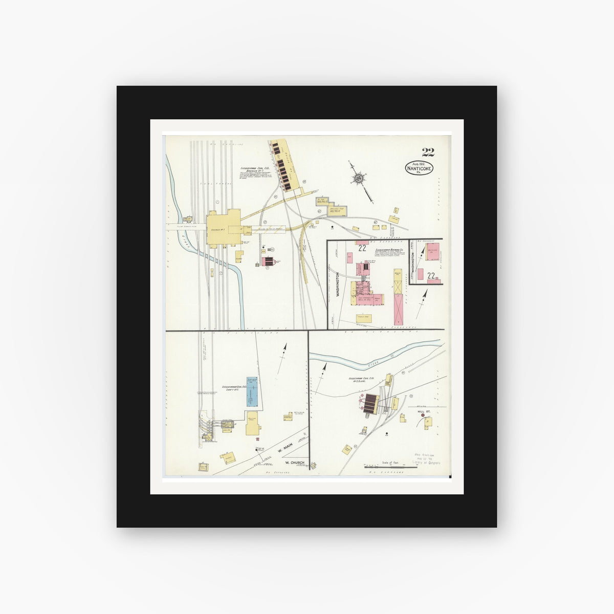 Old map wall art mockup — black gallery frame with white mat — Sanborn Fire Insurance Map from Nanticoke, Luzerne County, Pennsylvania (1912), Sheet #0022