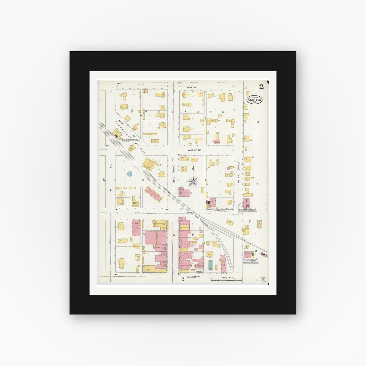 Old map wall art mockup — black gallery frame with white mat — Sanborn Fire Insurance Map from Clinton, Vermillion County, Indiana (1905), Sheet #0002