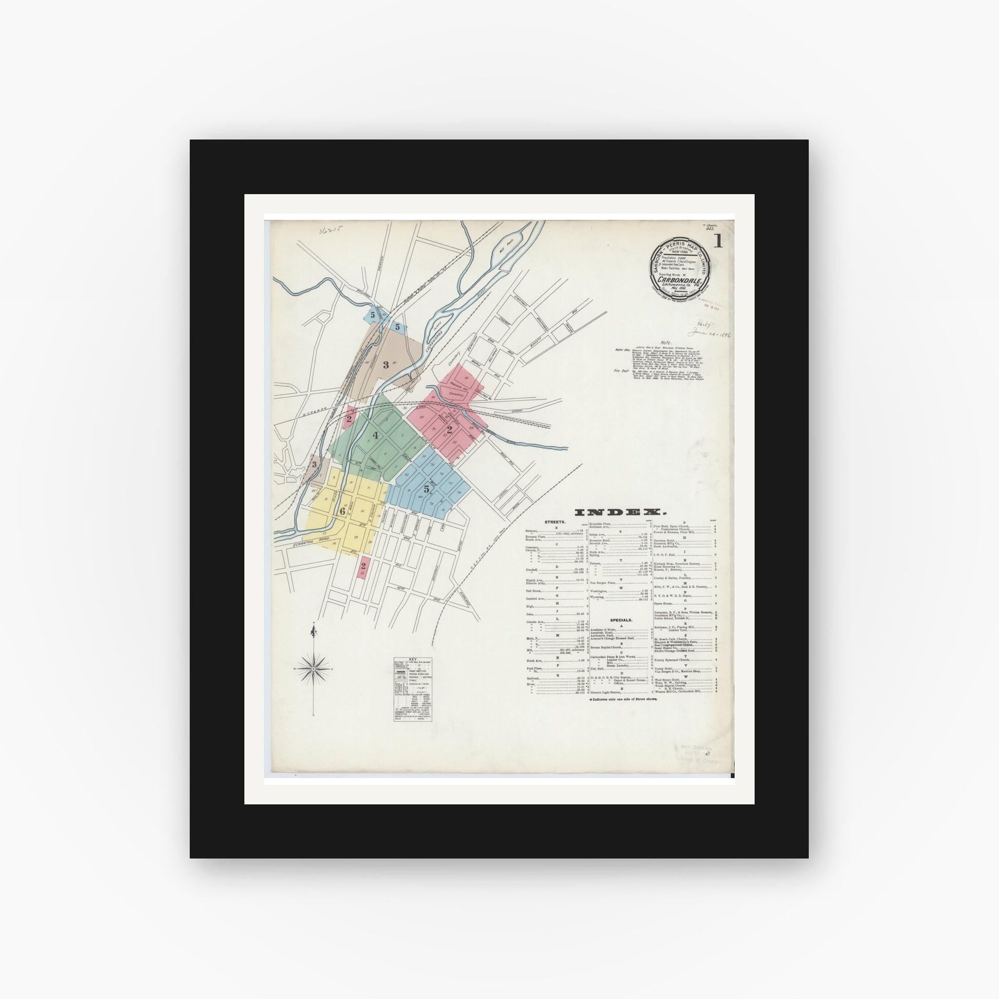 Old map wall art mockup — black gallery frame with white mat — Sanborn Fire Insurance Map from Carbondale, Lackawanna County, Pennsylvania (1896), Sheet #0001