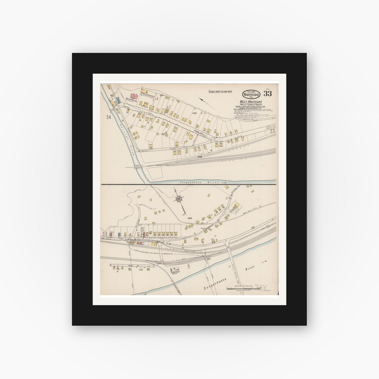 Old map wall art mockup — black gallery frame with white mat — Sanborn Fire Insurance Map from Nanticoke, Luzerne County, Pennsylvania (1920), Sheet #0033
