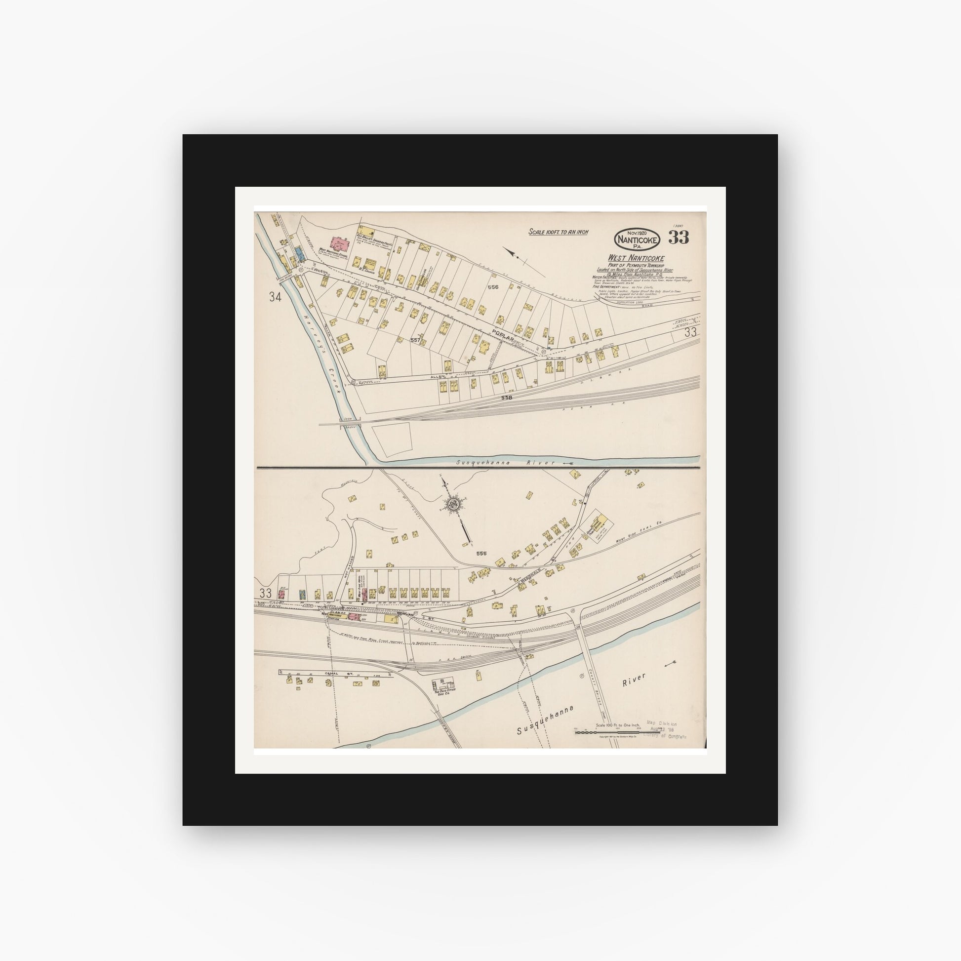 Old map wall art mockup — black gallery frame with white mat — Sanborn Fire Insurance Map from Nanticoke, Luzerne County, Pennsylvania (1920), Sheet #0033
