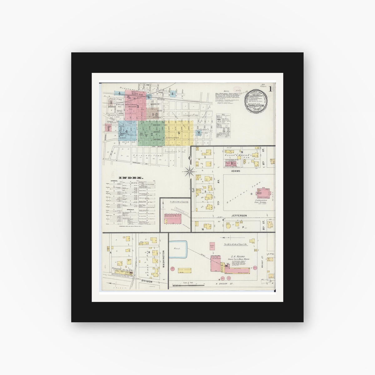 Old map wall art mockup — black gallery frame with white mat — Sanborn Fire Insurance Map from Charleston, Coles County, Illinois (1896) - Complete Map Set