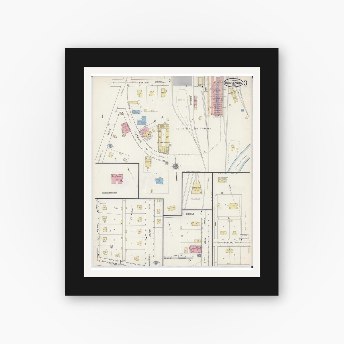 Old map wall art mockup — black gallery frame with white mat — Sanborn Fire Insurance Map from Herculaneum, Jefferson County, Missouri (1915), Sheet #0003