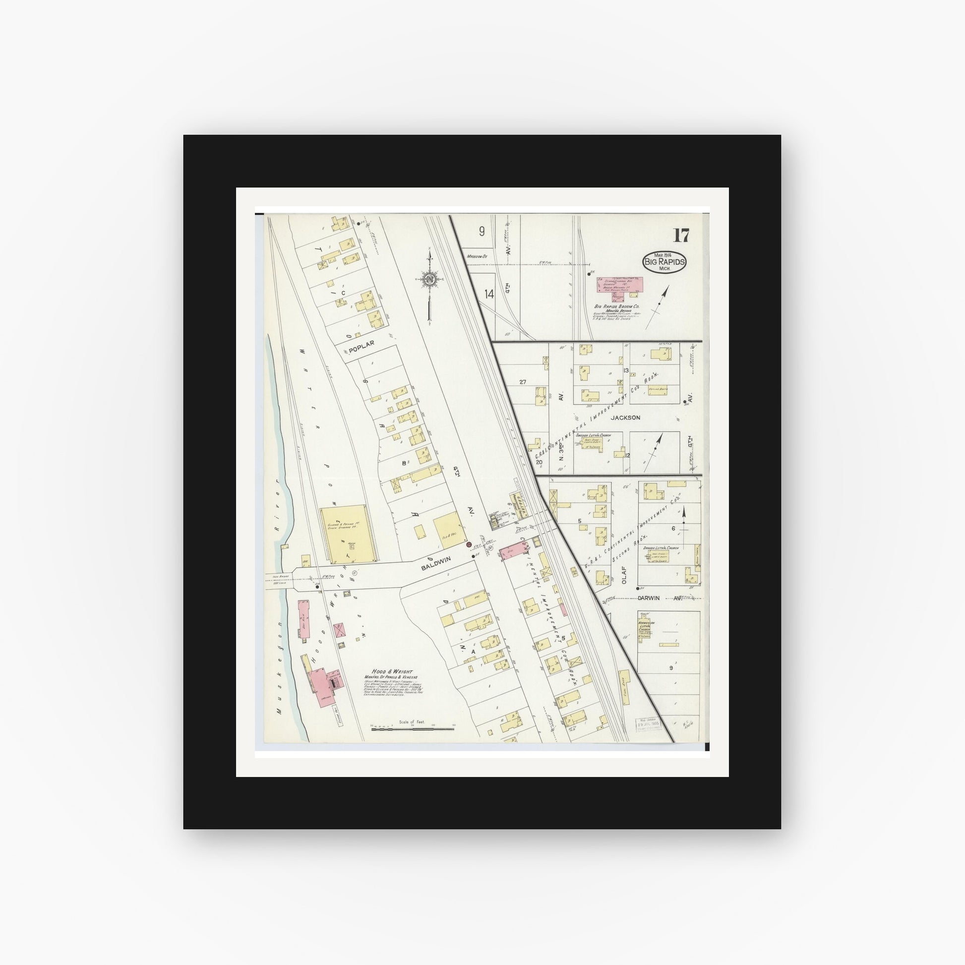 Old map wall art mockup — black gallery frame with white mat — Sanborn Fire Insurance Map from Big Rapids, Mecosta County, Michigan (1914), Sheet #0017