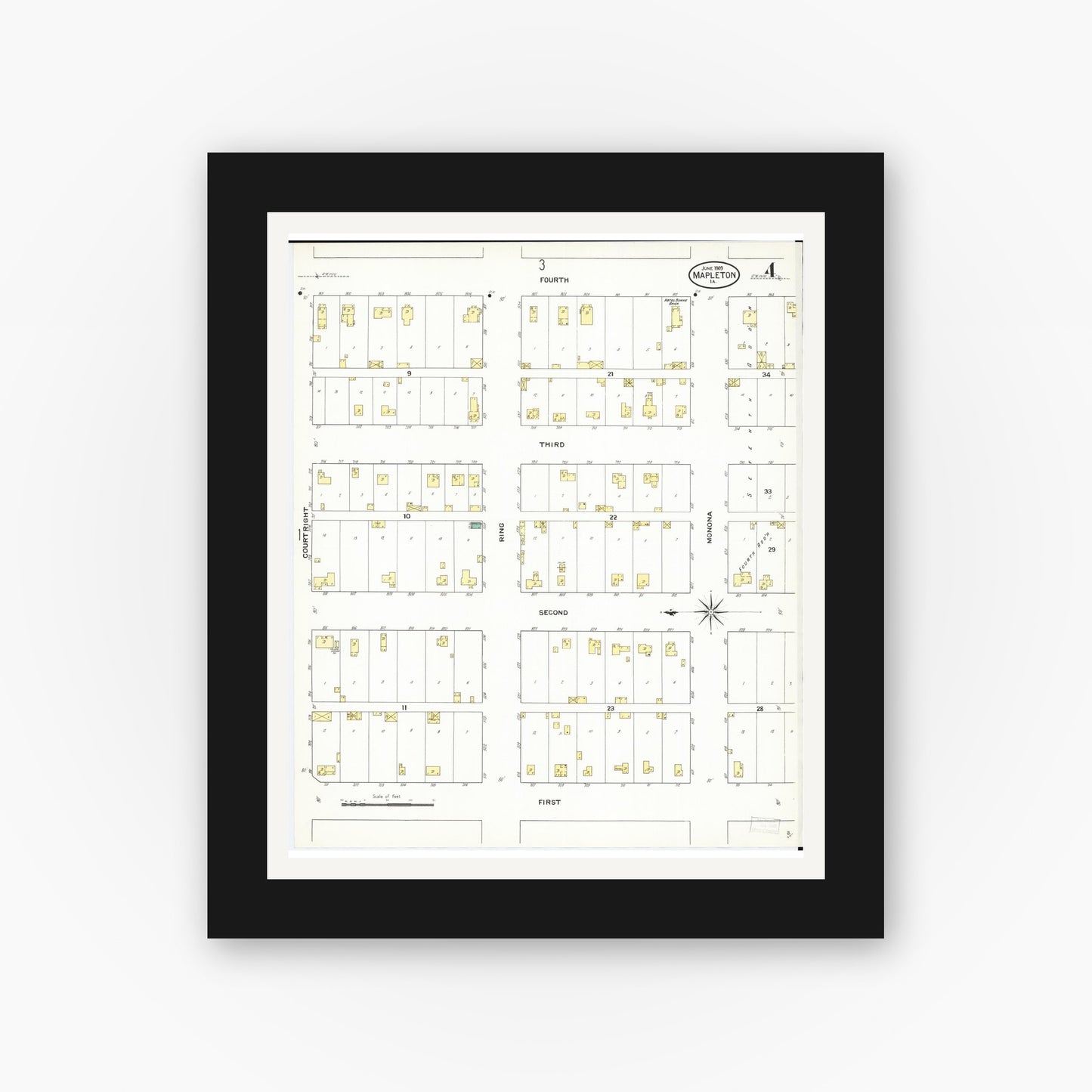 Old map wall art mockup — black gallery frame with white mat — Sanborn Fire Insurance Map from Mapleton, Monona County, Iowa (1909), Sheet #0004