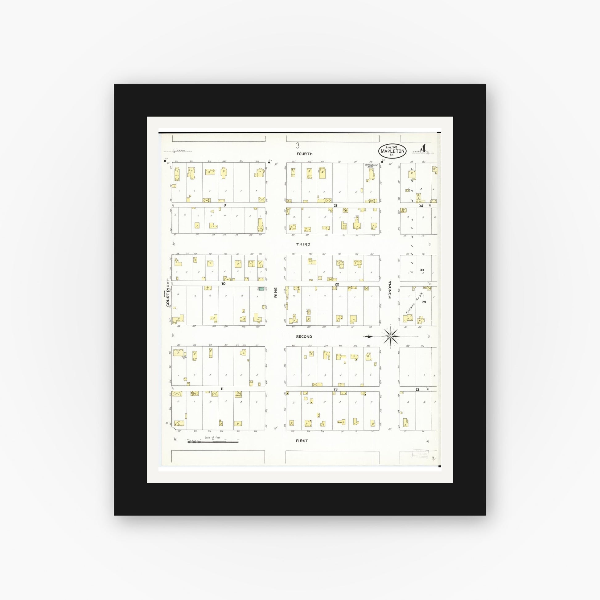 Old map wall art mockup — black gallery frame with white mat — Sanborn Fire Insurance Map from Mapleton, Monona County, Iowa (1909), Sheet #0004