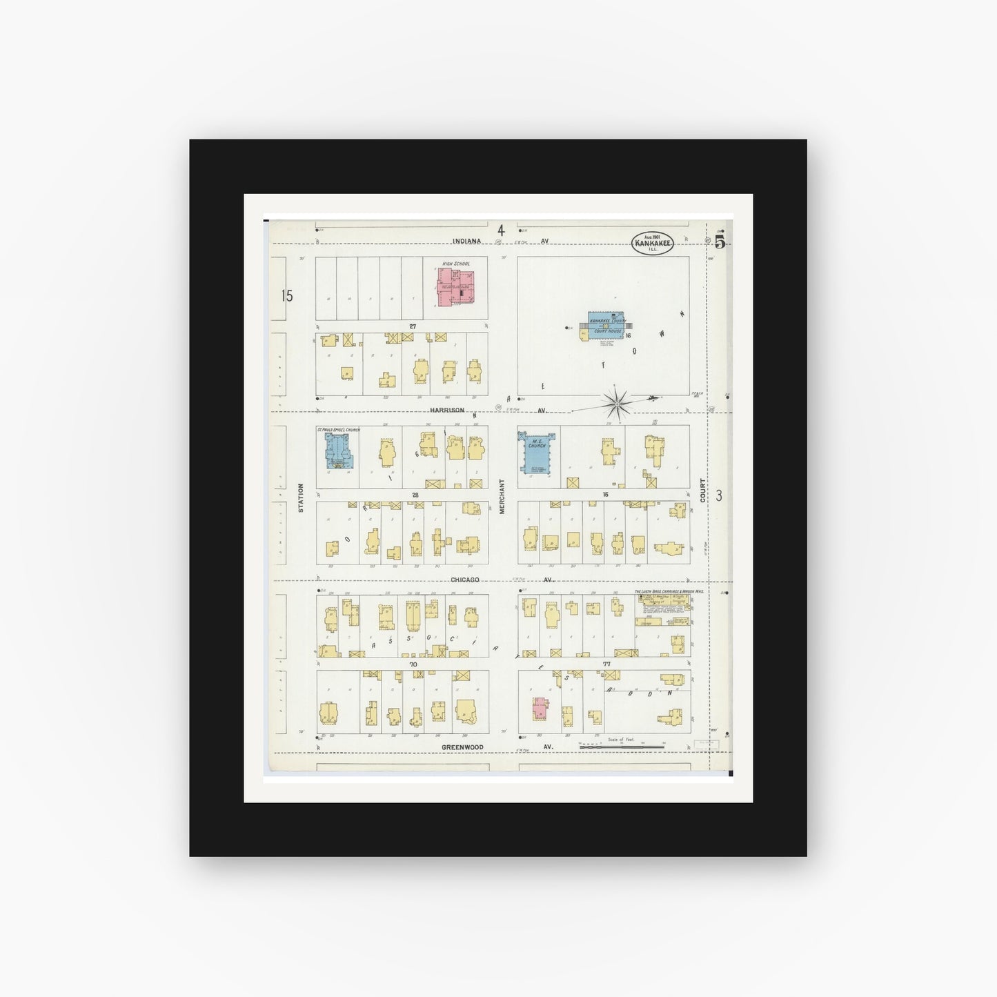 Old map wall art mockup — black gallery frame with white mat — Sanborn Fire Insurance Map from Kankakee, Kankakee County, Illinois (1901), Sheet #0005