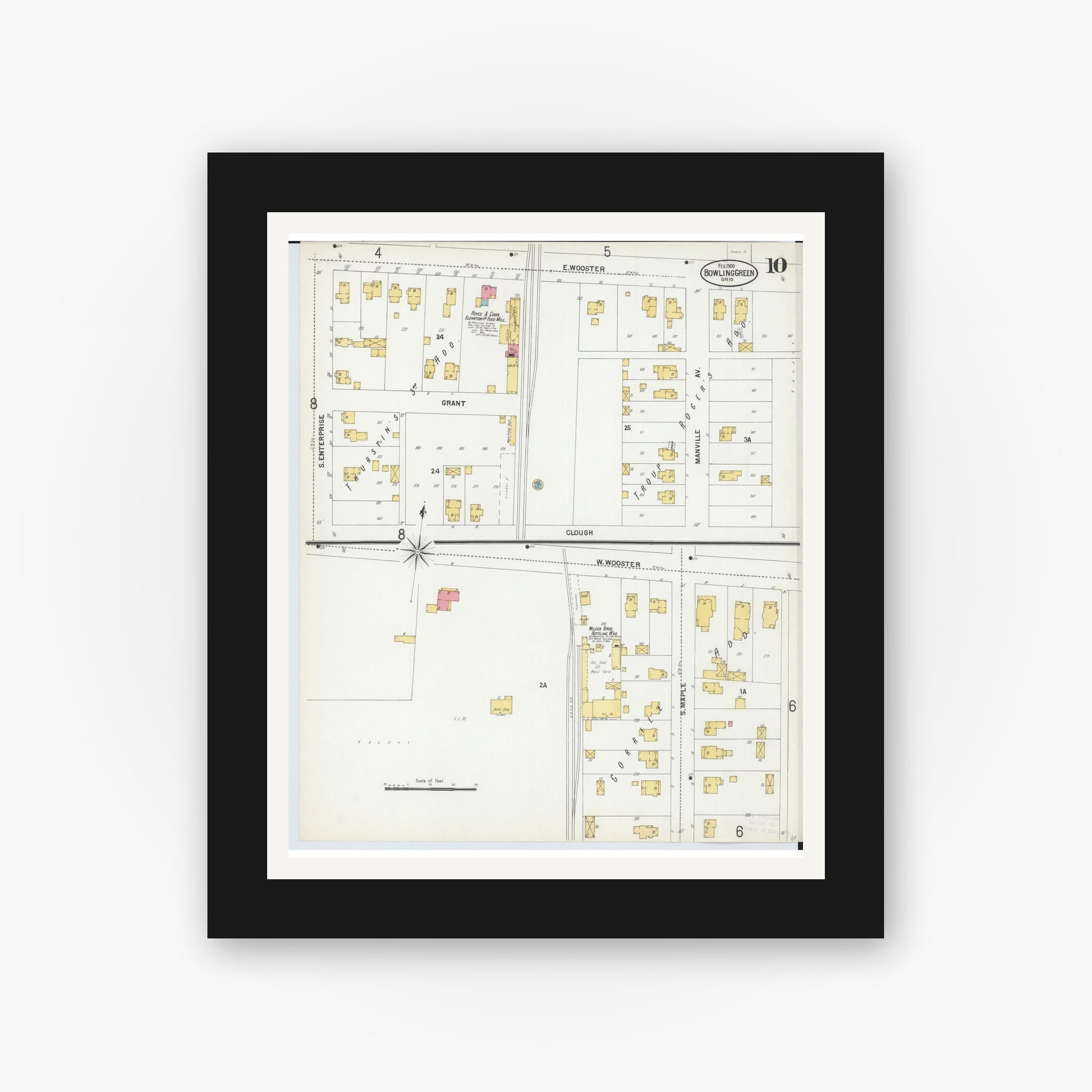 Old map wall art mockup — black gallery frame with white mat — Sanborn Fire Insurance Map from Bowling Green, Wood County, Ohio (1900), Sheet #0010